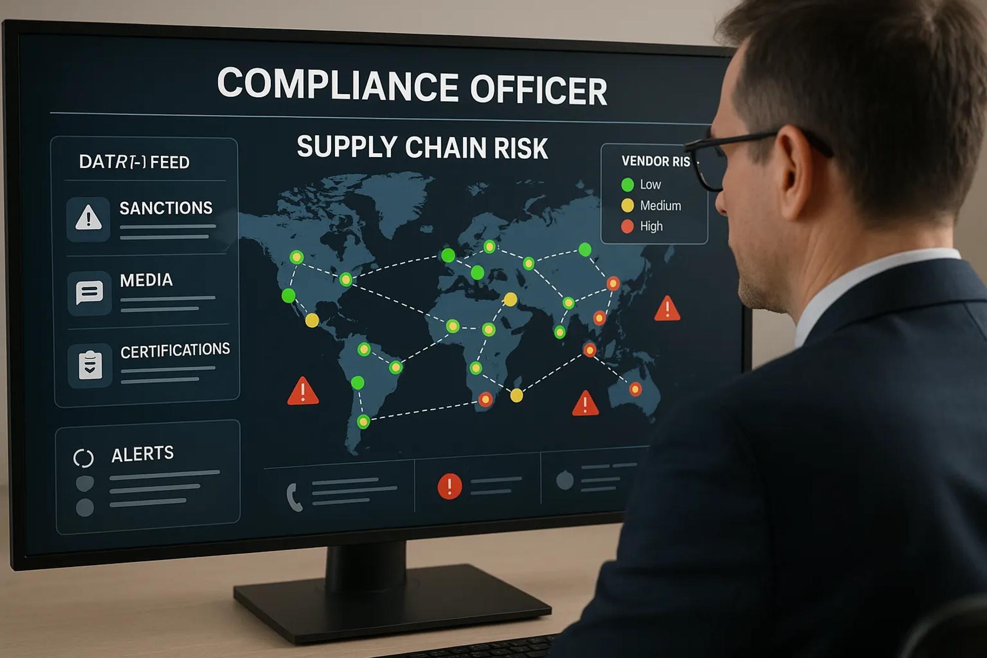 An illustration of a compliance officer viewing a digital dashboard that maps a global supply chain, highlighting vendors in green, yellow, and red according to risk level, with data feeds and alert icons showing real-time monitoring of sanctions, media, and certifications.