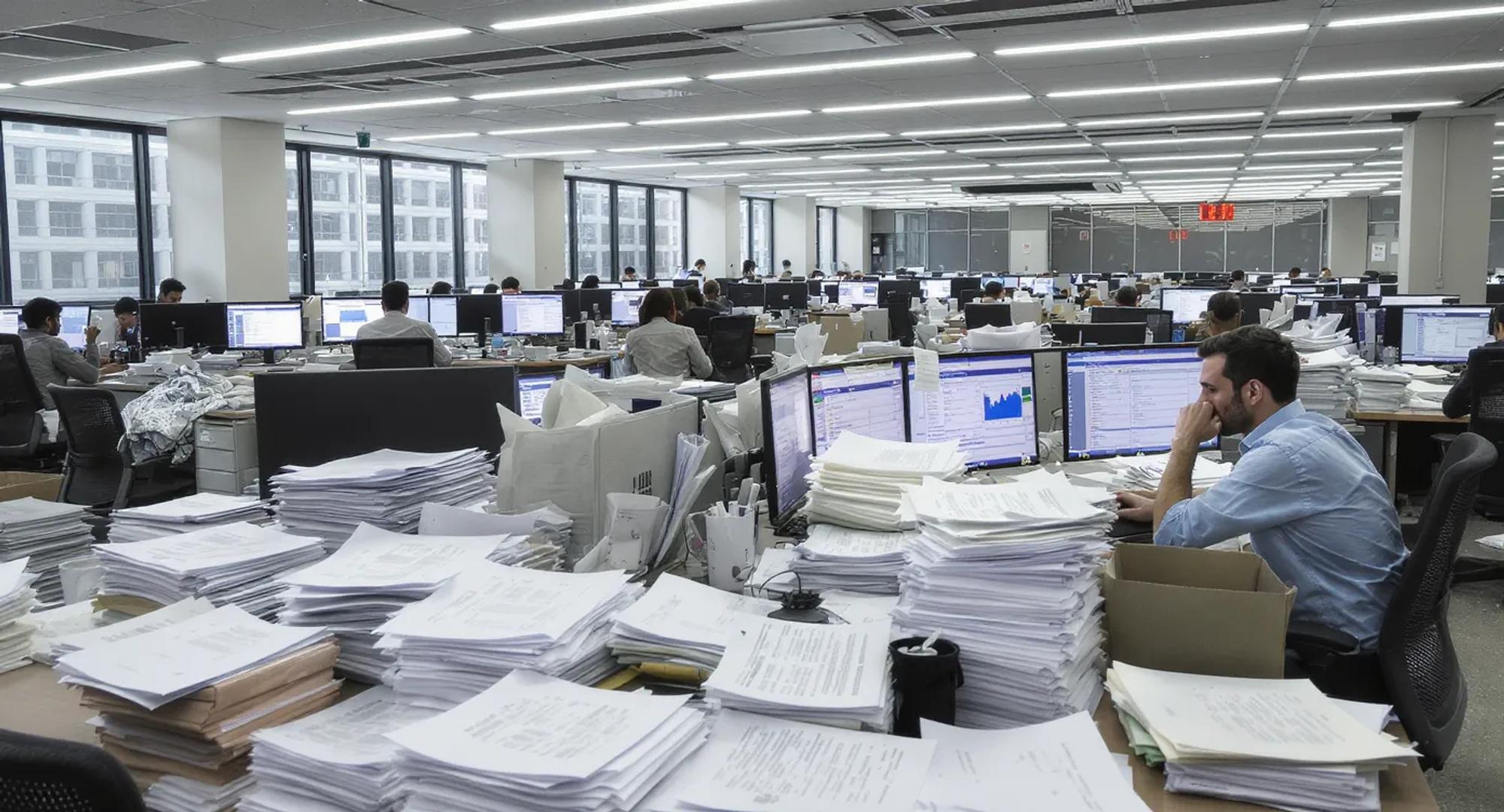 Busy open-space office with stacks of paper files and stressed employees scrolling through spreadsheets on large monitors, illustrating the chaotic manual nature of control monitoring.