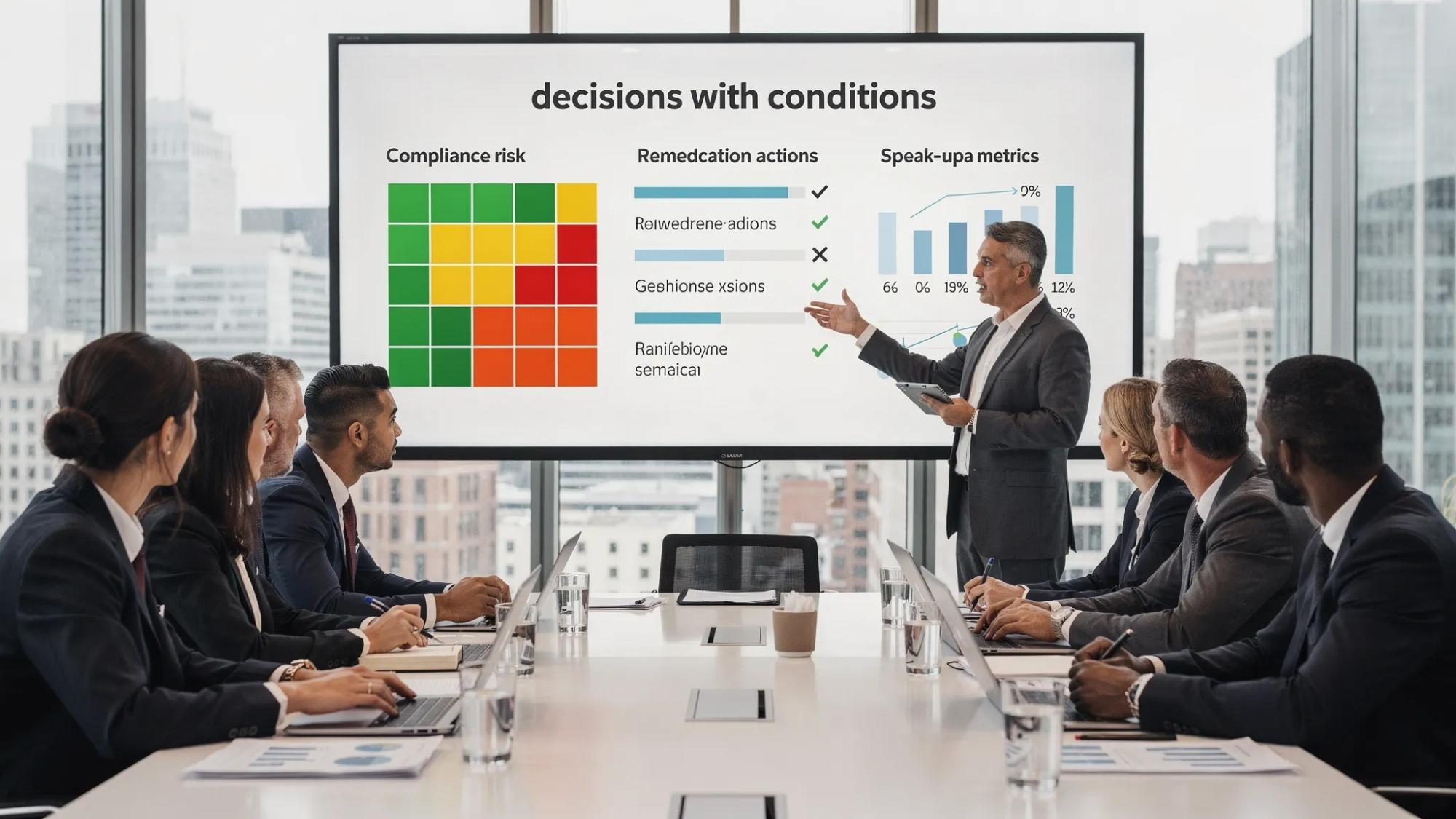 An executive team and the compliance officer meet around a boardroom table. On the wall, a simple dashboard shows a compliance risk heat map, status of remediation actions, and speak‑up metrics. The chair is pointing to a slide titled “decisions with conditions,” illustrating leadership oversight.