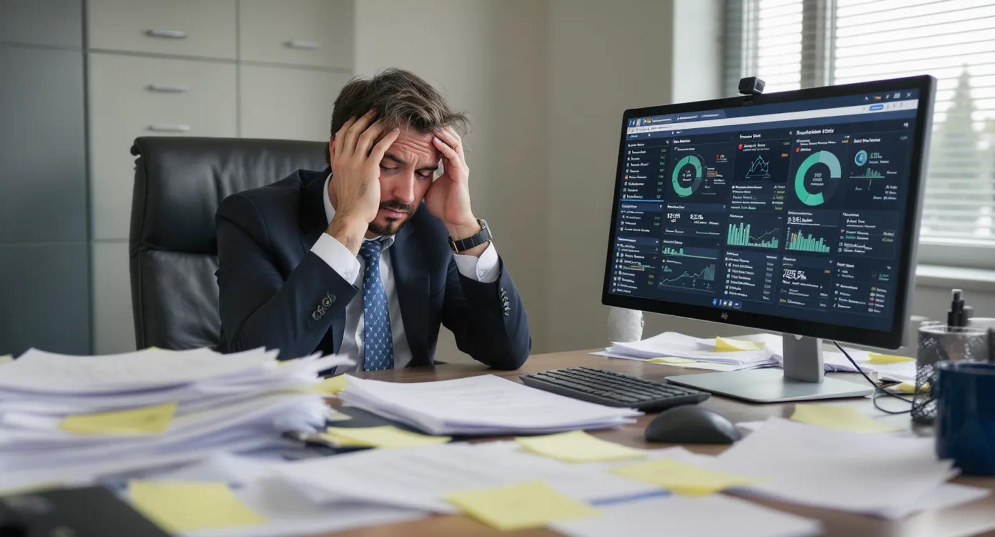 An overwhelmed compliance officer sits at a desk piled high with paper files and sticky-note covered binders, while an adjacent computer screen shows an AI dashboard automatically categorizing and scoring compliance risks in real time.
