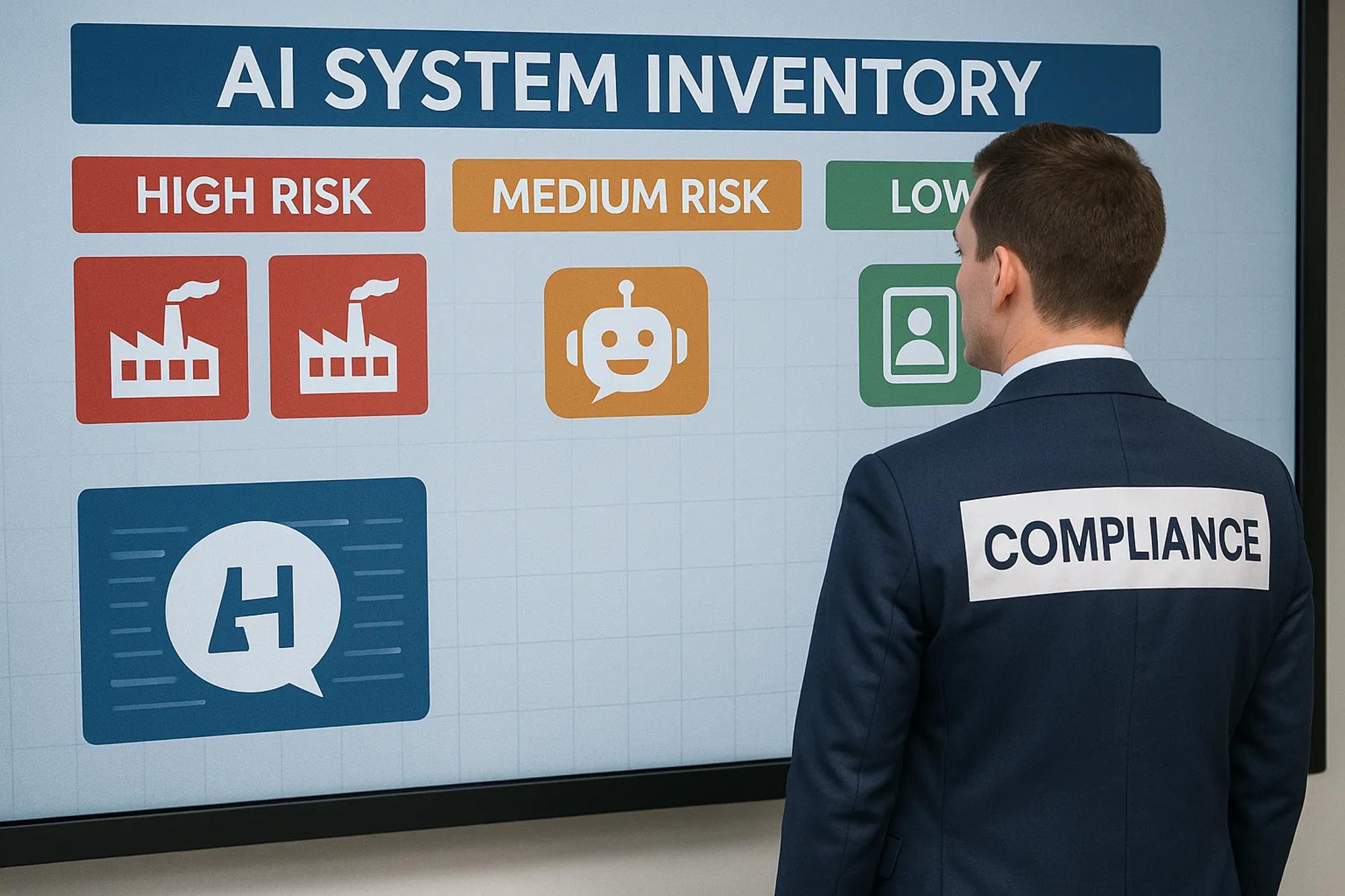 Illustration of a compliance officer standing before a large interactive screen displaying an AI system inventory, colour-coded by risk level, with factory icons, chatbot symbols, and HR application graphics