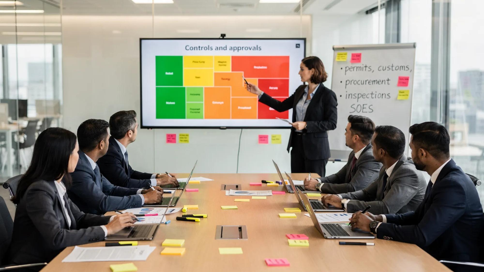 A modern compliance team meets in a glass-walled conference room, reviewing a risk heat map on a wall screen and a whiteboard listing “permits, customs, procurement, inspections, SOEs.” Sticky notes mark red-flag scenarios while a compliance officer leads a discussion on controls and approvals.