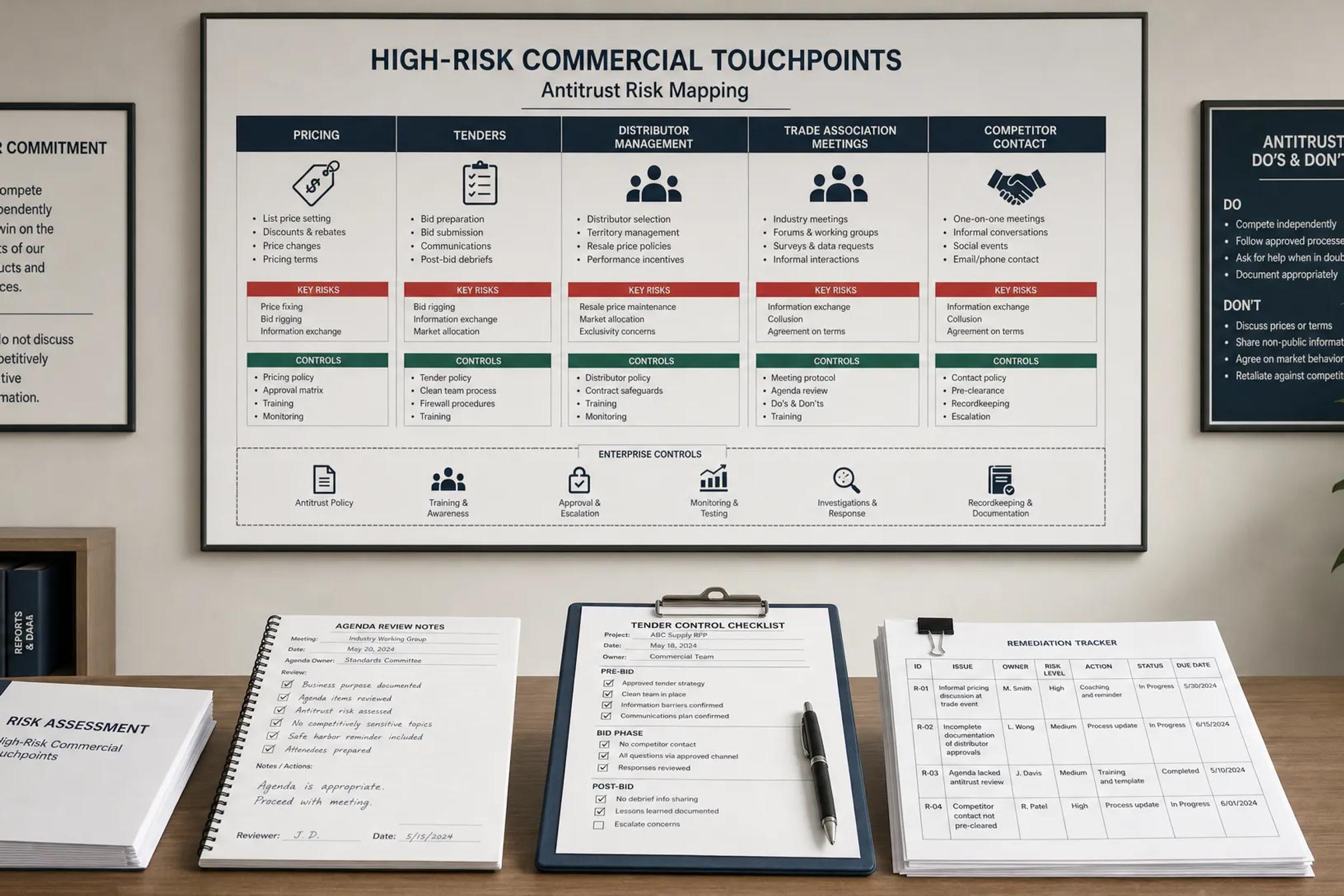 A wide landscape scene in a competition compliance review room, with one central wall board showing a company’s high-risk commercial touchpoints mapped across pricing, tenders, distributor management, trade association meetings, and competitor contact; in the foreground are printed risk assessment pages, agenda review notes, a tender control checklist, and a remediation tracker arranged in clear order; no screens visible and no people present, eye-level view, serious and practical mood, clean office environment focused on proving where antitrust risk is controlled.
