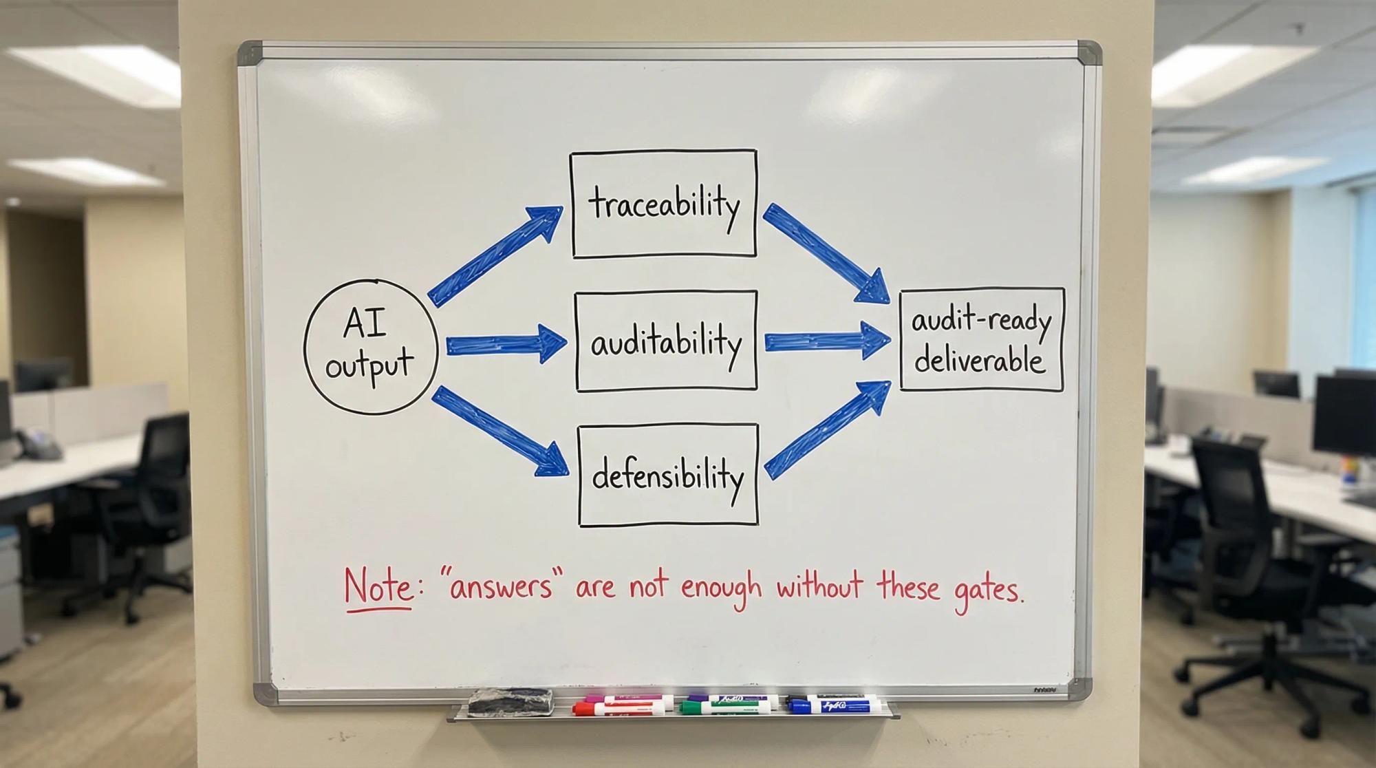 A simple diagram showing three stacked gates labeled “traceability,” “auditability,” and “defensibility,” with arrows from “AI output” passing through the gates toward “audit-ready deliverable.” The diagram includes a small note that “answers” are not enough without these gates.