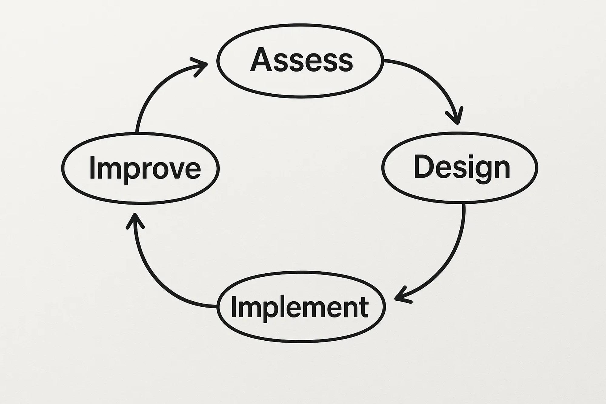 A simple lifecycle diagram showing Assess → Design → Implement → Monitor → Improve, with a loop arrow returning to Assess.