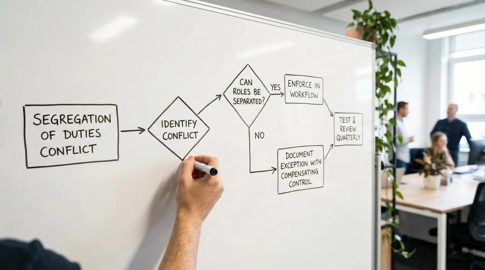 Simple decision tree showing how to handle segregation of duties conflicts: identify conflict, can roles be separated, if yes enforce in workflow, if no document exception with compensating control, then test and review quarterly.