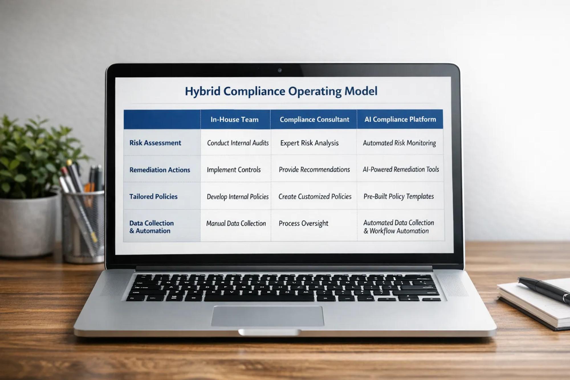 A clean comparison table on a laptop screen showing a hybrid compliance operating model, with columns for in-house responsibilities, expert responsibilities, and automation by an AI compliance platform, highlighting risk assessment, remediation actions, tailored policies, automated data collection and workflow automation.