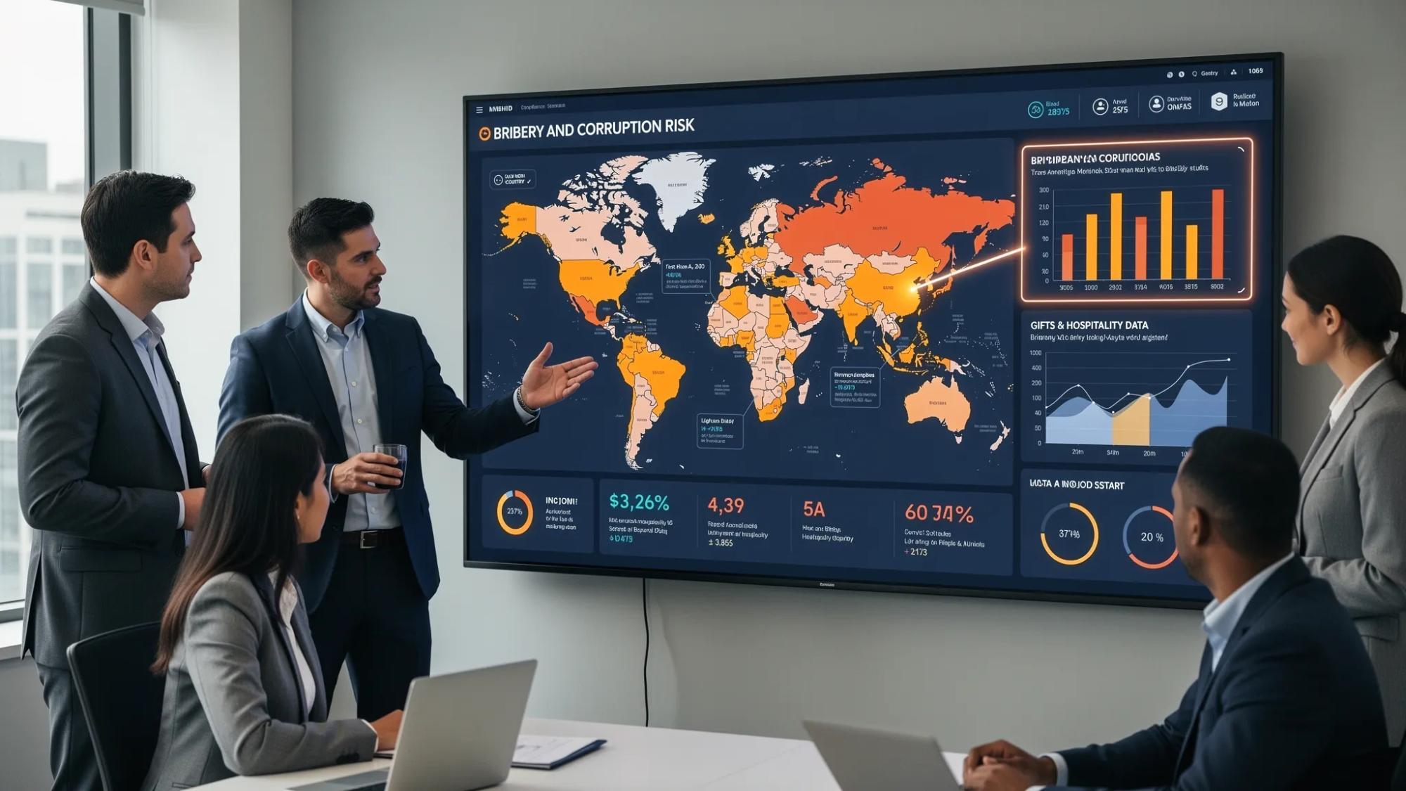 A mid-sized company’s compliance team of four professionals reviews a wall-mounted dashboard showing a bribery and corruption risk heatmap by country. An AI assistant overlay highlights anomalies in gifts and hospitality data. The screen is in landscape orientation and clearly visible to the team, with no reflections or objects behind it.