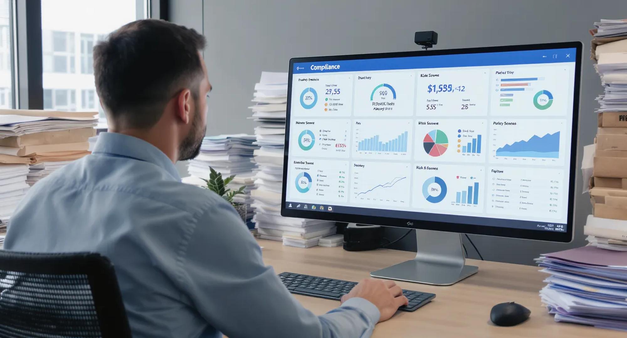 A compliance officer reviewing digital dashboards showing regulatory deadlines, risk scores and policy status, set inside a modern SME office with stacks of paper files in the background.