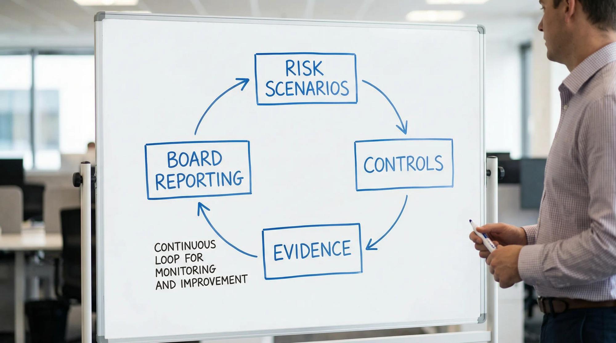 A simple four-step diagram showing “risk scenarios” feeding into “controls”, then into “evidence”, and finally into “board reporting”, with arrows indicating a continuous loop for monitoring and improvement.