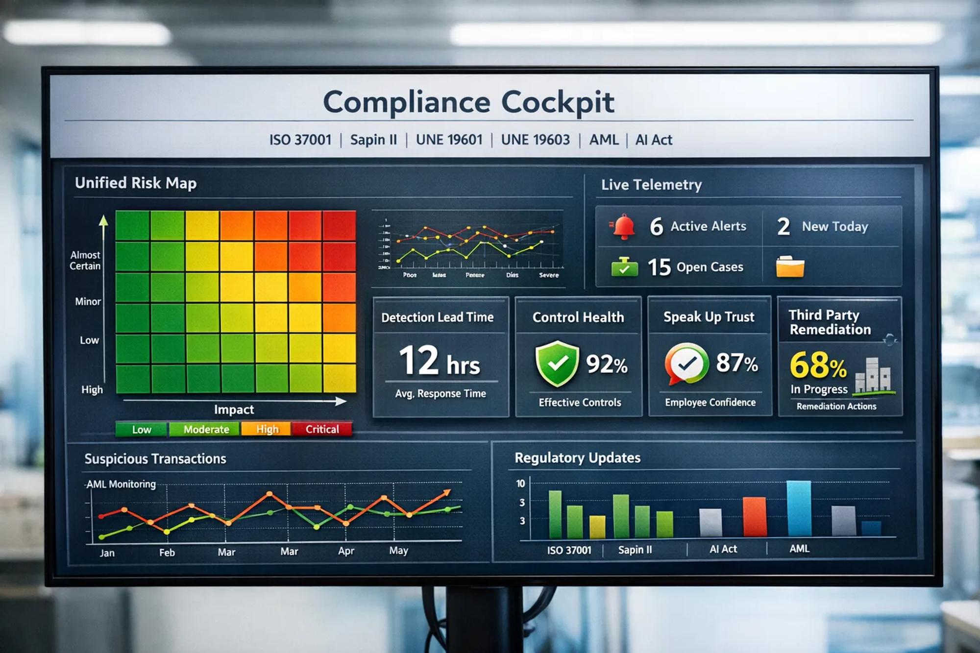 A clean, board ready compliance cockpit showing a unified risk map and live telemetry across ISO 37001, Sapin II, UNE 19601, UNE 19603, AML and AI Act, with tiles for detection lead time, control health, speak up trust and third party remediation status.