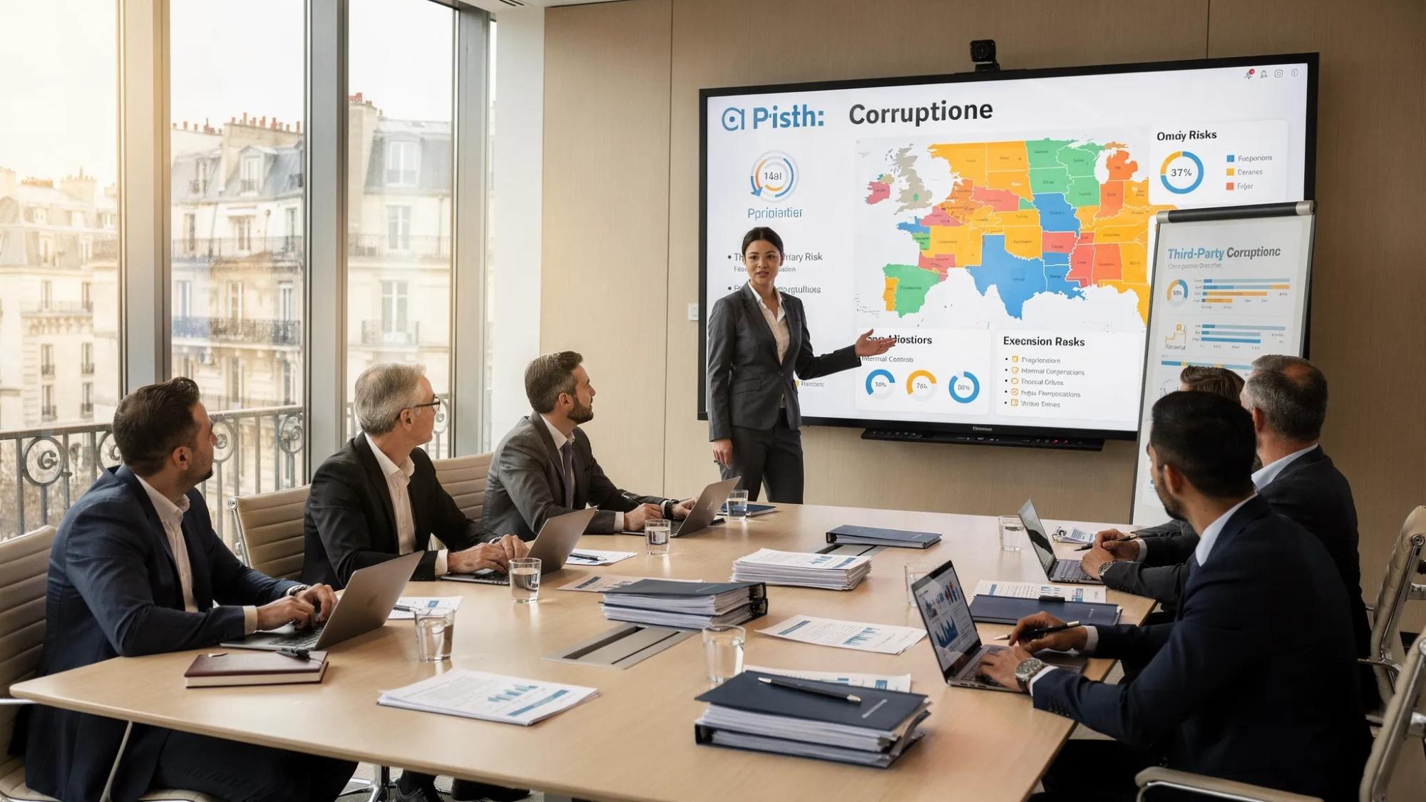 A compliance team in a modern Paris office reviews a corruption risk map on a large digital dashboard, alongside third‑party diligence files and internal control checklists, while the chief compliance officer presents priorities to finance and procurement managers.