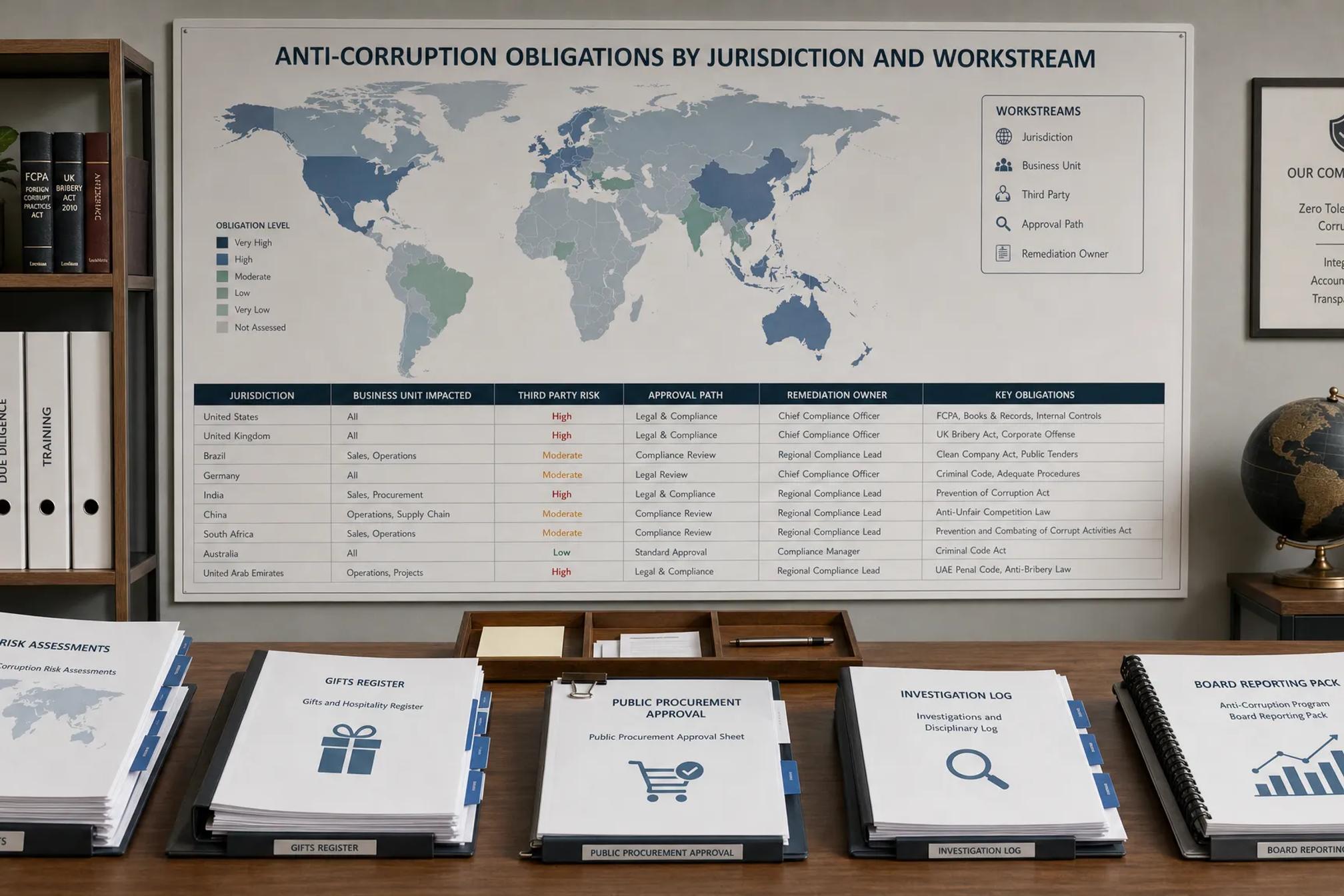 A wide landscape scene in a legal and compliance workroom, with one central wall map showing how anti-corruption obligations break down by jurisdiction, business unit, third party, approval path, and remediation owner; in the foreground are stacked risk assessments, a gifts register, a public procurement approval sheet, an investigation log, and a board reporting pack arranged in clear order; no screens visible and no people present, eye-level view, serious and practical mood, clean office environment focused on proving whether controls fit the business.