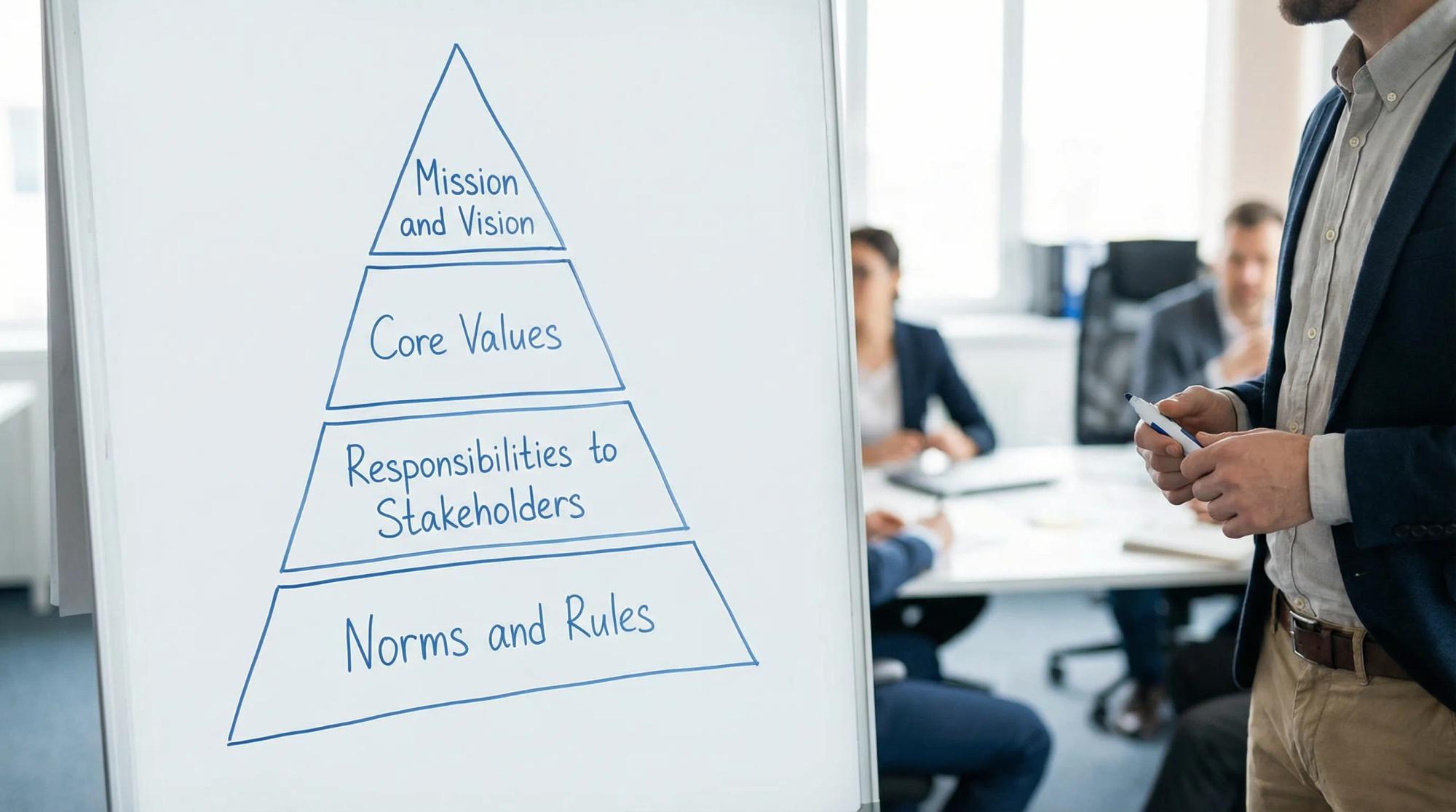 Simple diagram of a “code pyramid” with four stacked layers labeled from top to bottom: mission and vision, core values, responsibilities to stakeholders, norms and rules.