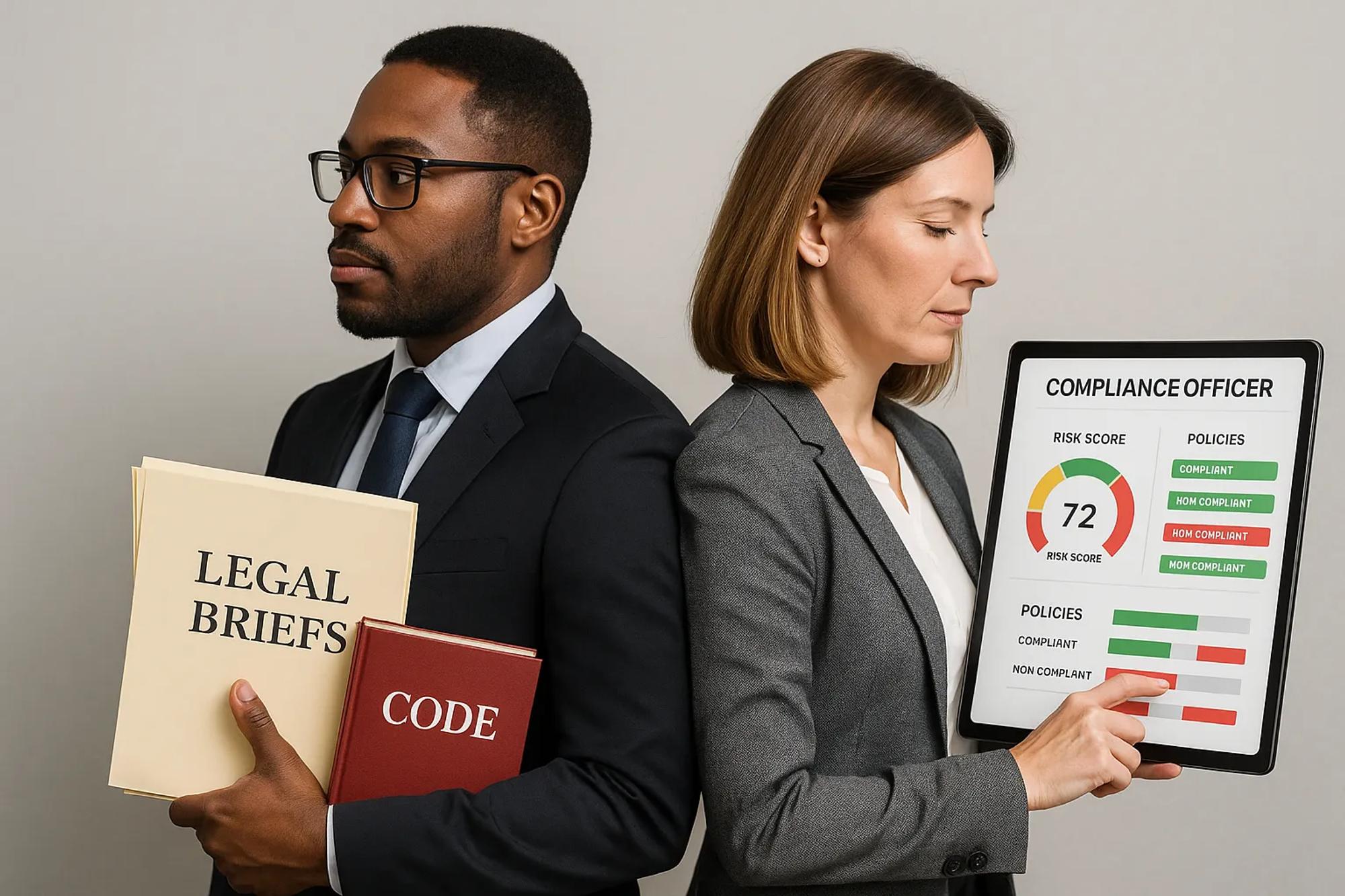 Illustration of two professionals standing back-to-back. On the left a lawyer holds legal briefs and a code book, on the right a compliance officer checks a dashboard with risk scores and policy status indicators.