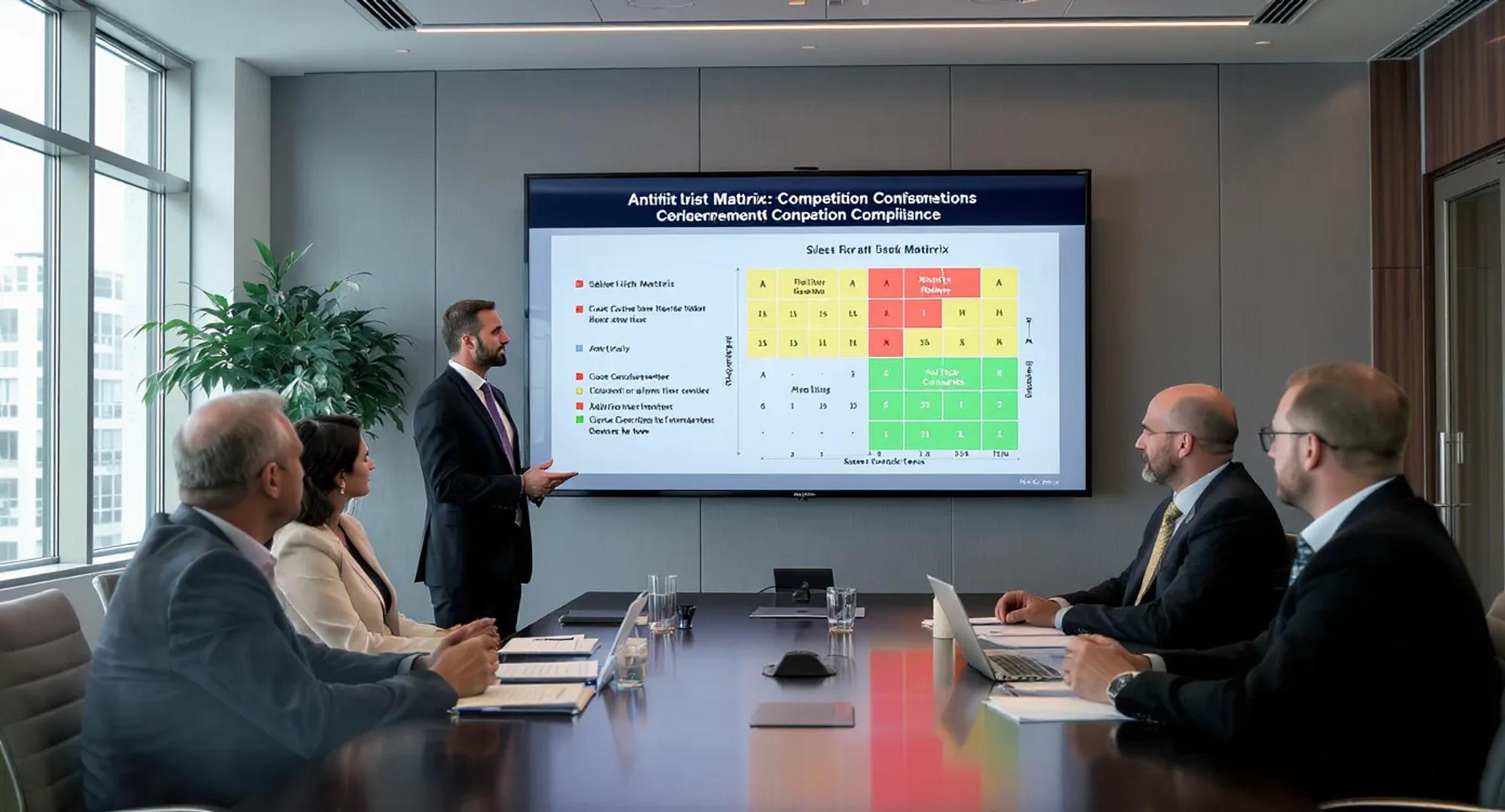 A corporate boardroom where a compliance officer briefs sales and marketing directors, a large screen shows an antitrust risk matrix with red, yellow and green zones, symbolising cross-functional ownership of competition compliance.