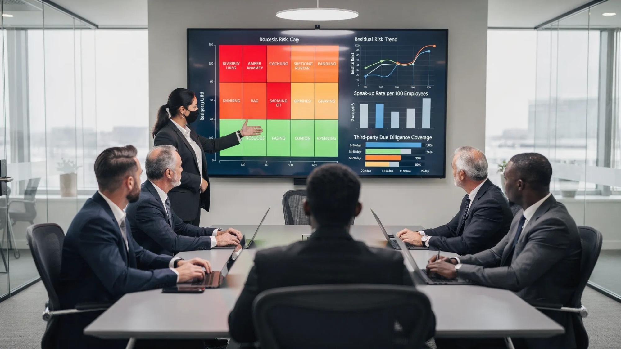 A boardroom with six directors reviewing a large compliance risk dashboard on a wall screen, showing a RAG heatmap, trend lines for residual risk, speak-up rate per 100 employees, third-party due diligence coverage, and remediation backlog aging. The screen is oriented toward the participants, and no content is visible behind laptop screens.