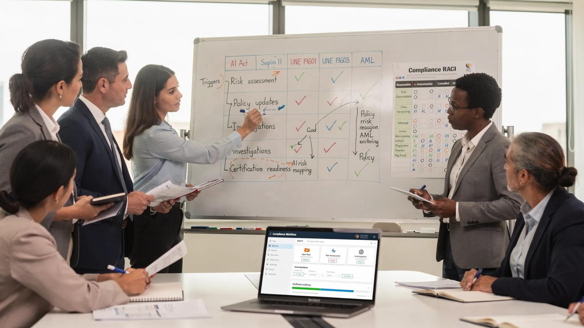 A mid-sized company compliance team and an external advisor standing around a whiteboard decision matrix that maps regulatory triggers like AI Act, Sapin II, UNE 19601, UNE 19603 and AML to actions such as risk assessment, policy updates, investigations and certification readiness. The team reviews a RACI chart while a laptop shows a compliance workflow dashboard.