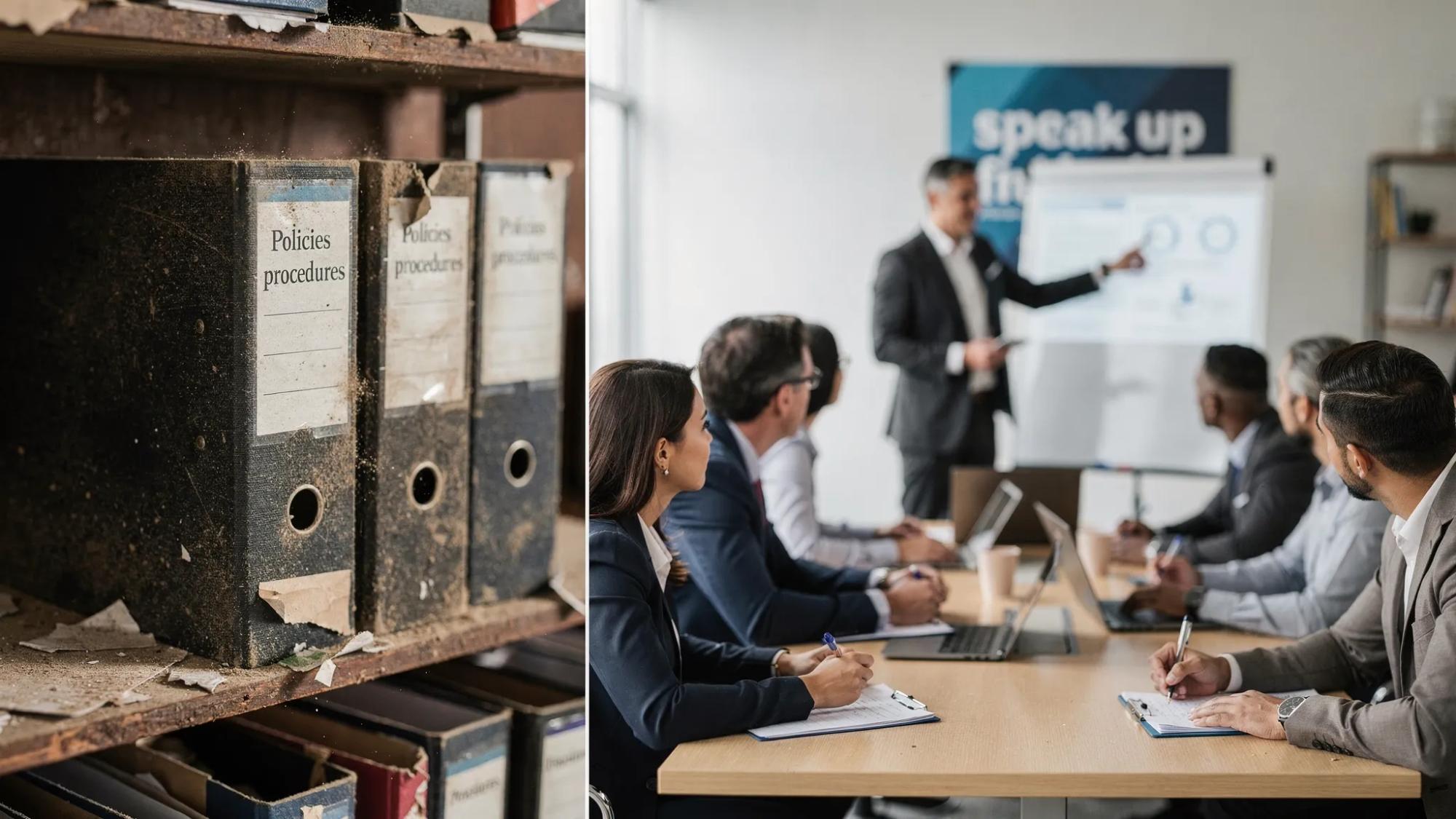 Split-screen comparison: on the left, a dusty binder labeled “Policies & procedures” sitting untouched on a shelf; on the right, a diverse team in an office workshop discussing real cases on antitrust and anti-bribery, with a manager leading and a visible “speak up” poster in the room.