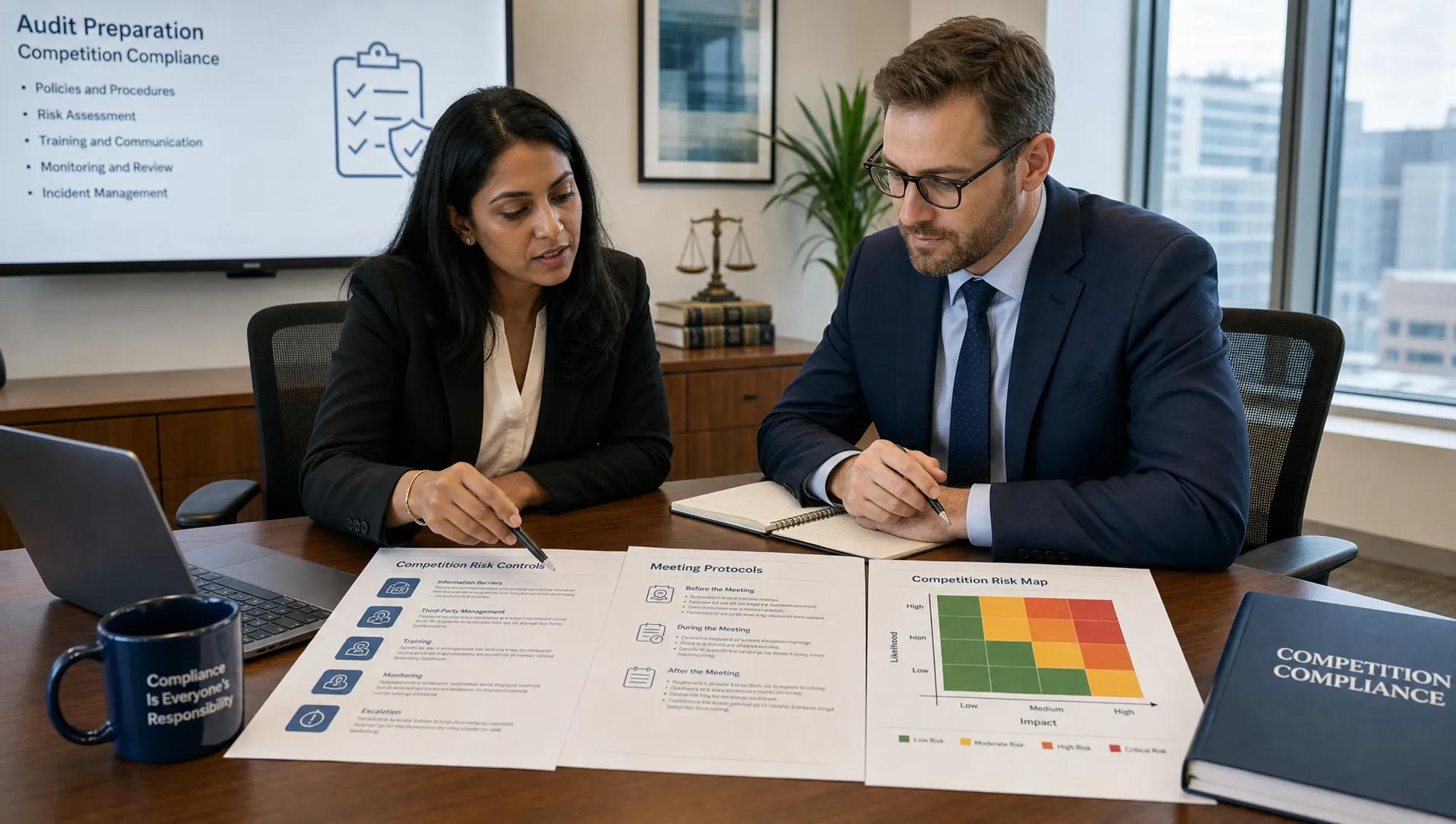 A compliance officer and in-house lawyer review printed competition risk controls, meeting protocols, and a risk map spread across a conference table in a meeting room before an audit discussion.