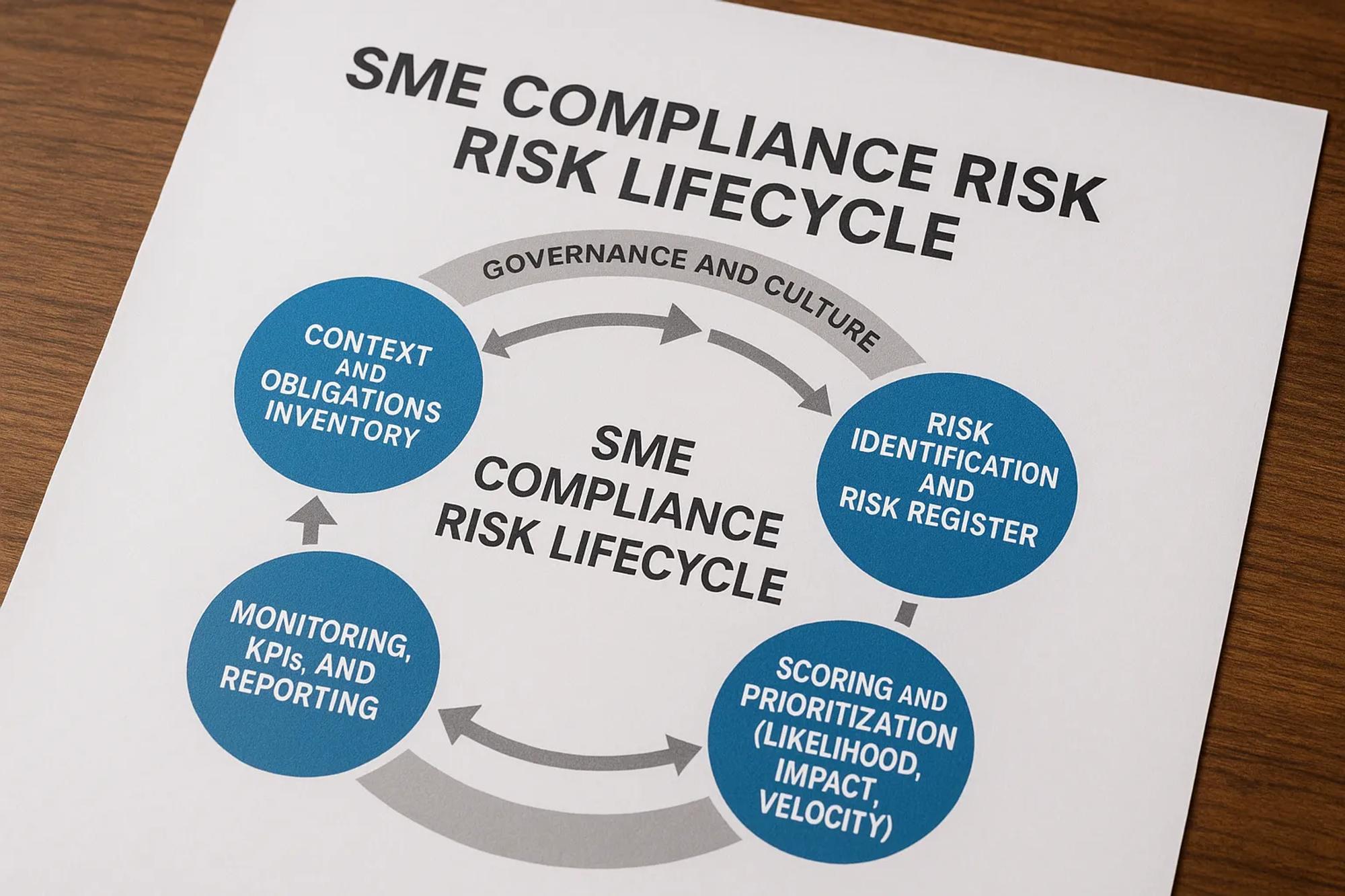 Circular diagram showing five stages of an SME compliance risk lifecycle: (1) context and obligations inventory, (2) risk identification and risk register, (3) scoring and prioritization (likelihood, impact, velocity), (4) controls and remediation planning, (5) monitoring, KPIs, and reporting, with governance and culture surrounding the cycle.