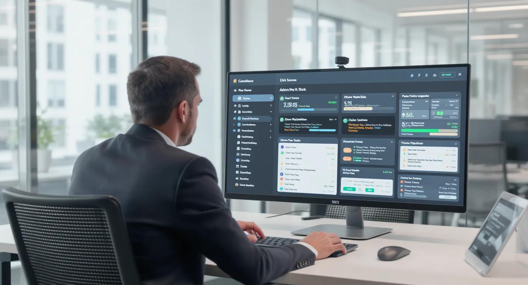Illustration of a compliance officer reviewing a dashboard that displays real-time risk scores, open remediation tasks, and policy update alerts on a large screen in a modern office setting.