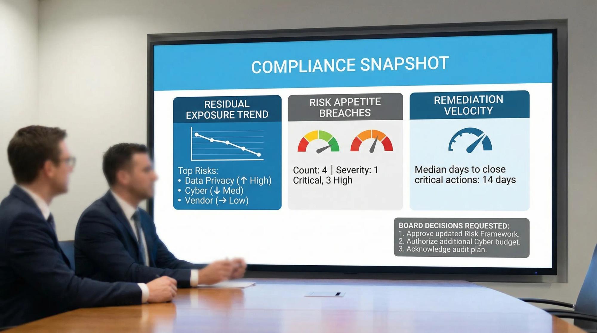 A clean one-page board slide mockup titled “compliance snapshot” showing three blocks: residual exposure trend (top risks with arrows), risk appetite breaches (count and severity), and remediation velocity (median days to close critical actions), plus a small section listing three board decisions requested.