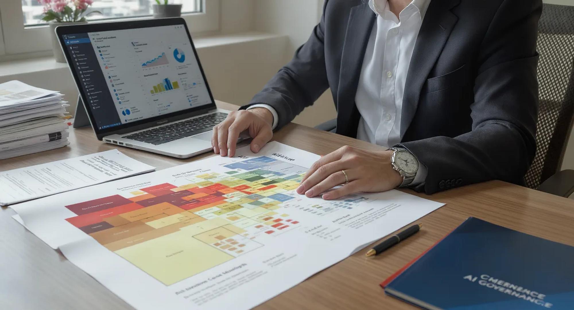 Compliance manager at a small company reviewing a risk heatmap on paper, a checklist of remediation actions, and a short code of conduct, with a laptop open to a dashboard and folders labeled AML, antitrust, and AI governance.