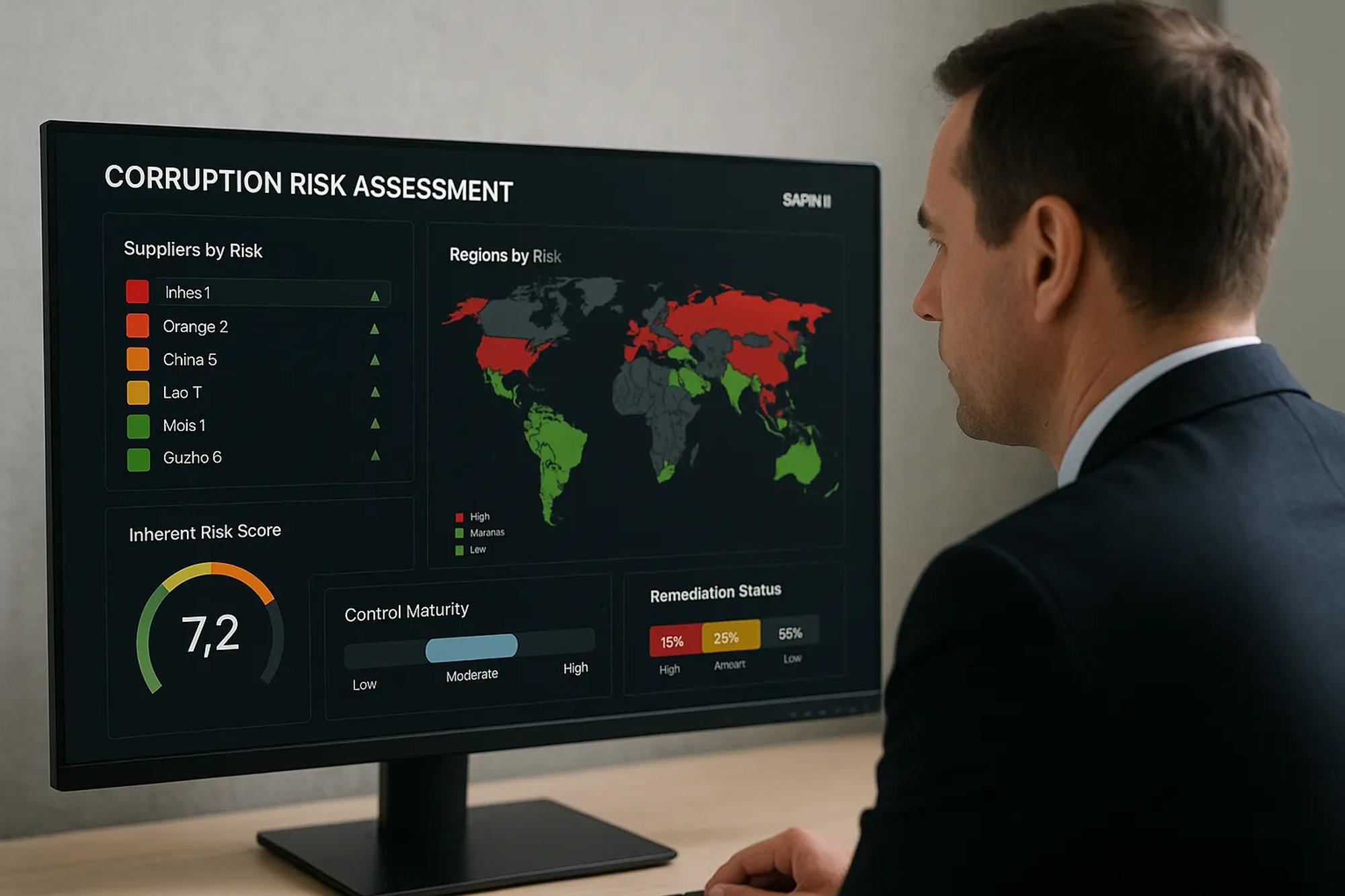 A compliance officer looks at a dark-theme dashboard where an AI highlights suppliers and regions in red, amber, and green risk categories for corruption under Sapin II. The screen shows metrics such as inherent risk score, control maturity, and remediation status.