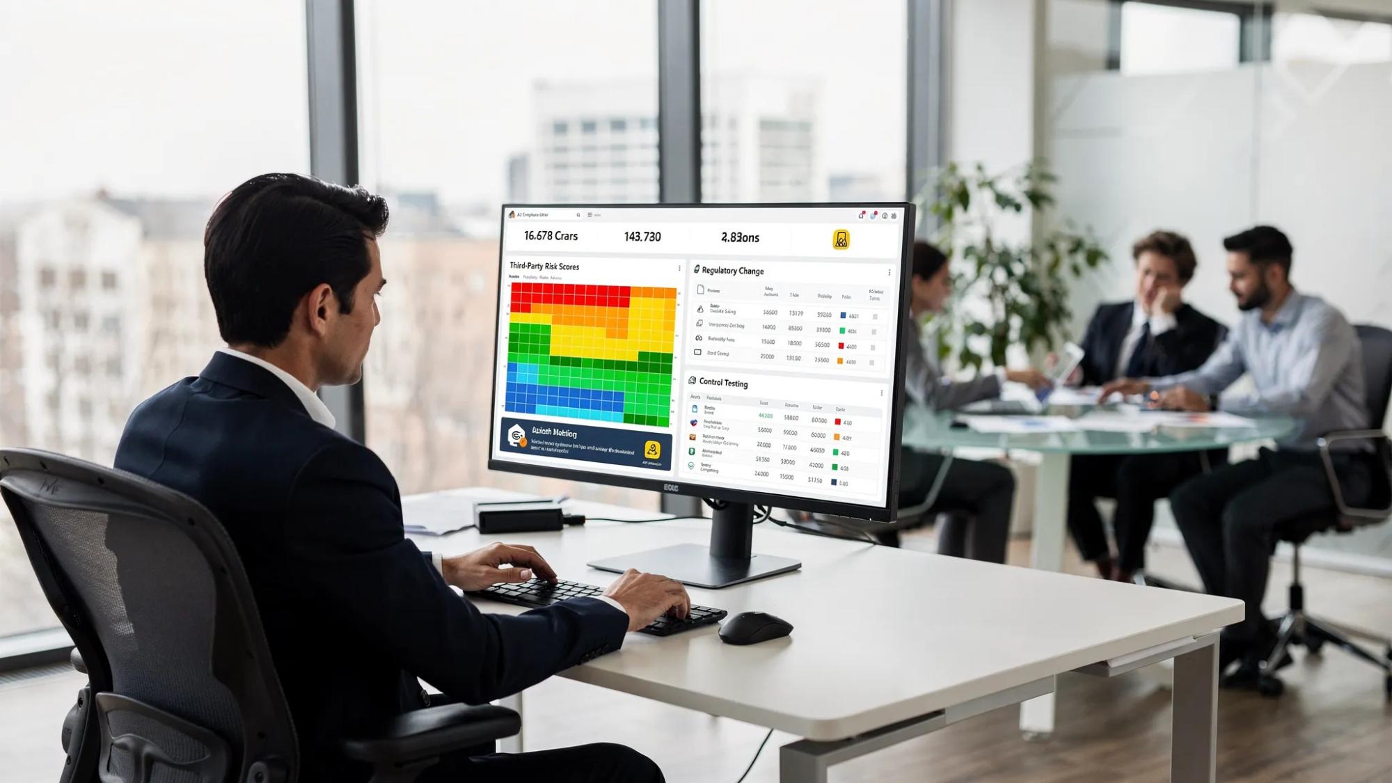 A chief compliance officer reviews an AI-assisted compliance dashboard showing risk heatmaps, third-party risk scores, regulatory change alerts, and control testing results, in a modern office setting with a small team collaborating nearby.