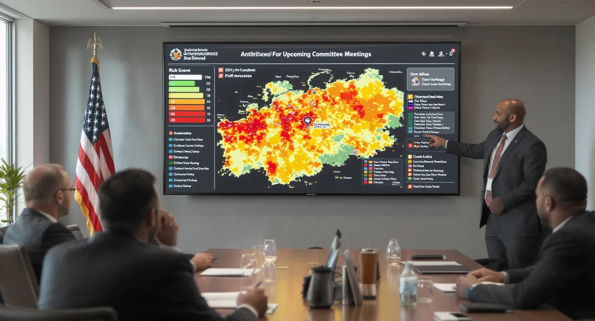 An association boardroom with compliance officers reviewing a large interactive dashboard that flags antitrust risk levels for upcoming committee meetings. The screen shows heat-mapped risk scores, while a lawyer points to a section titled “information exchange.”