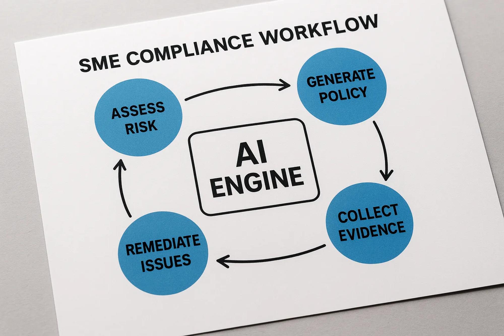 A simplified flow diagram showing an SME compliance workflow: assess risk, generate policy, collect evidence, remediate issues, monitor changes – each step connected by arrows around a central AI engine.