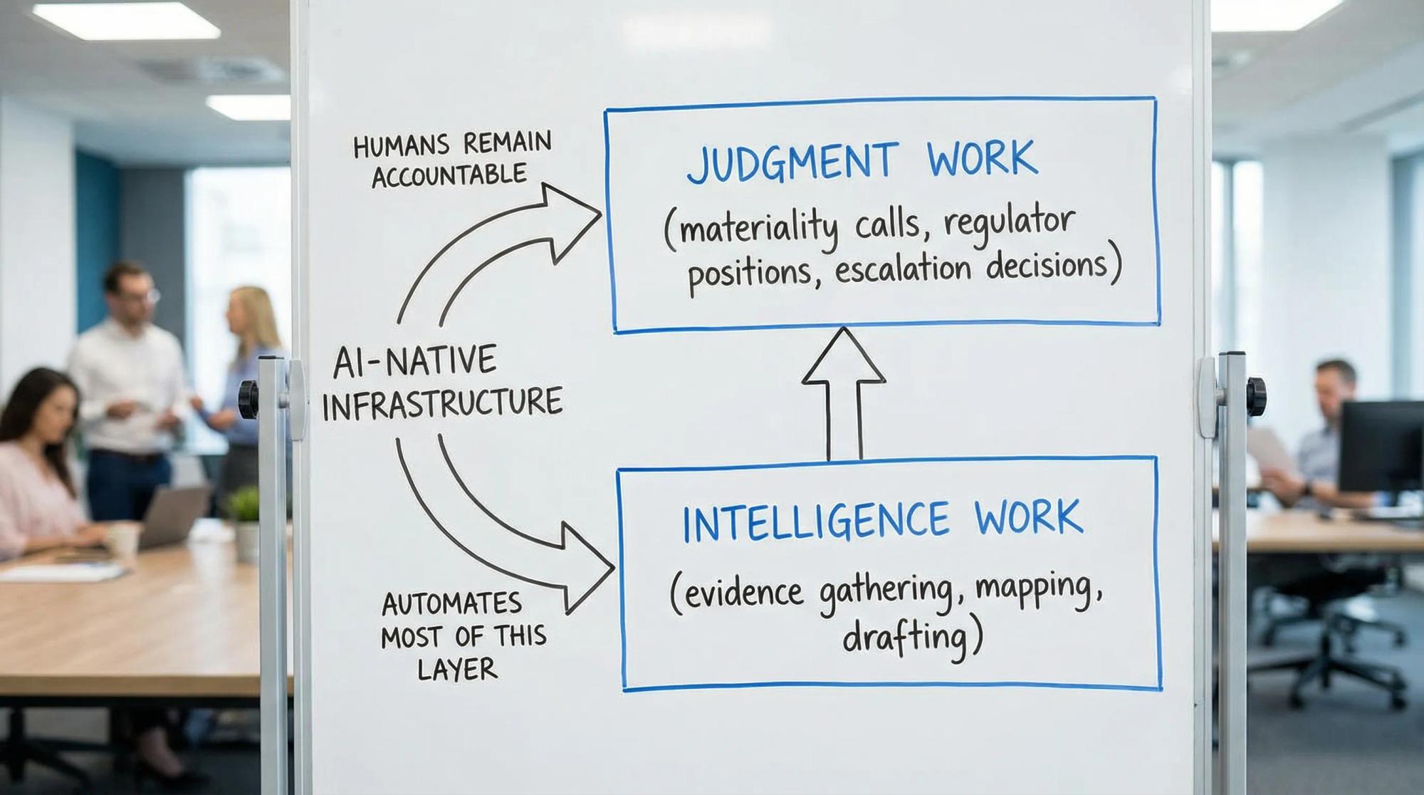 A simple two-layer diagram of compliance delivery: the bottom layer labeled “intelligence work” (evidence gathering, mapping, drafting) feeding into the top layer labeled “judgment work” (materiality calls, regulator positions, escalation decisions). A side arrow shows “ai-native infrastructure” automating most of the bottom layer while humans remain accountable for the top layer.