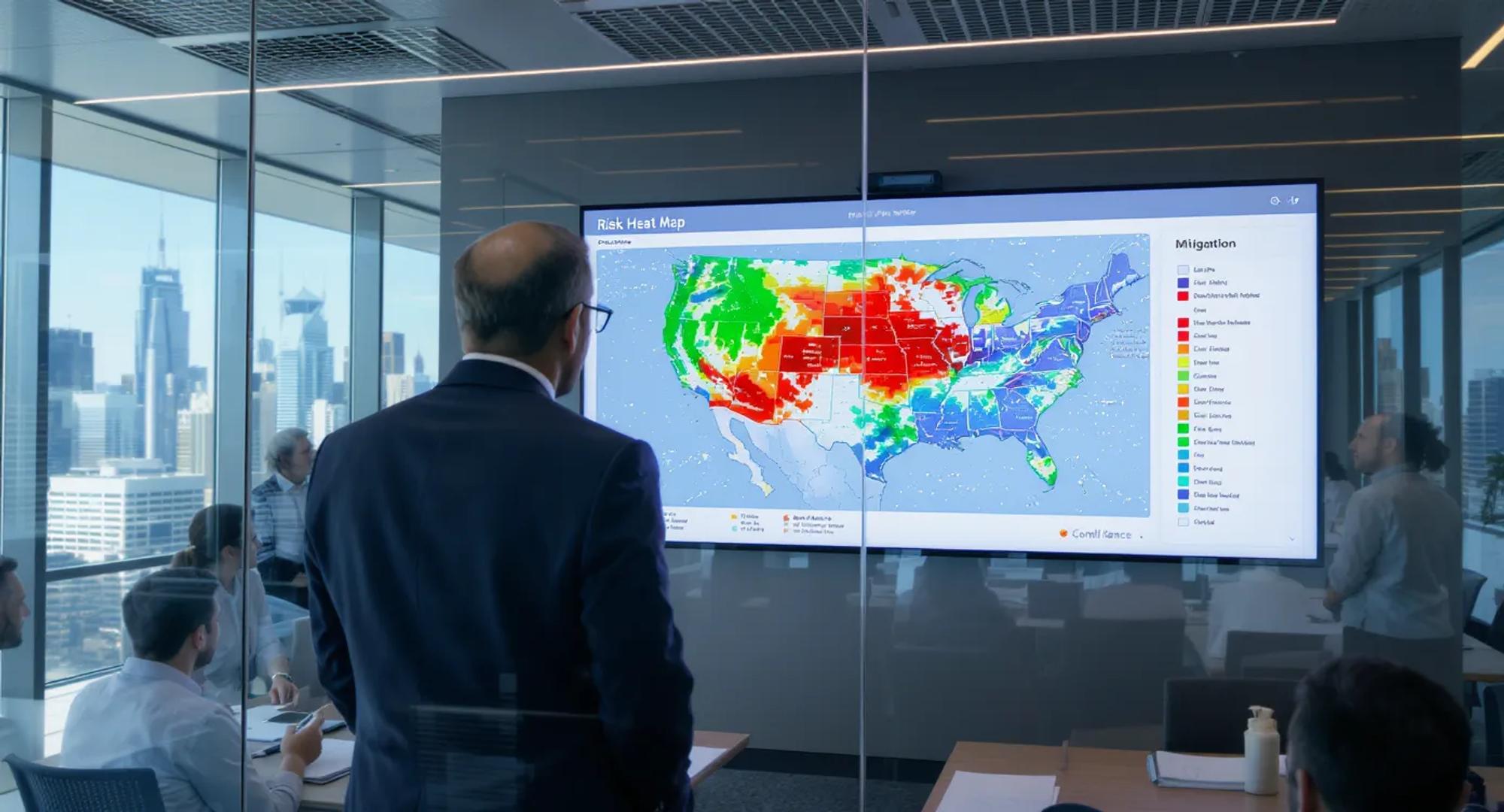 A compliance officer reviews a brightly colored risk heat map displayed on a large wall screen while colleagues discuss mitigation steps around a conference table. City skyline visible through floor-to-ceiling windows.