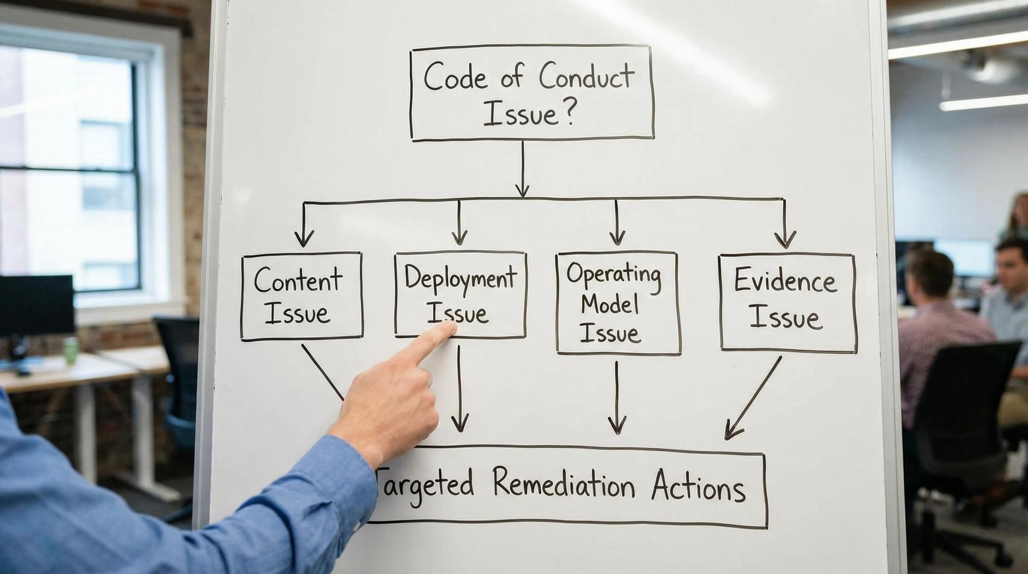 A simple decision tree showing a “code of conduct issue?” flow with four boxes: content issue, deployment issue, operating model issue, or evidence issue, with arrows leading to targeted remediation actions.