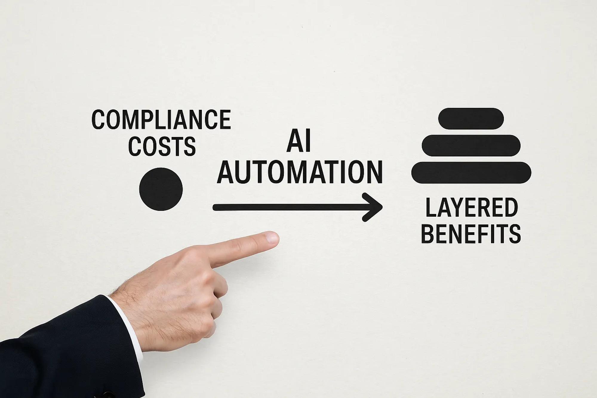 Simple flow diagram illustrating the balance between compliance costs on the left and layered benefits on the right, connected by an arrow labeled AI automation in the center.