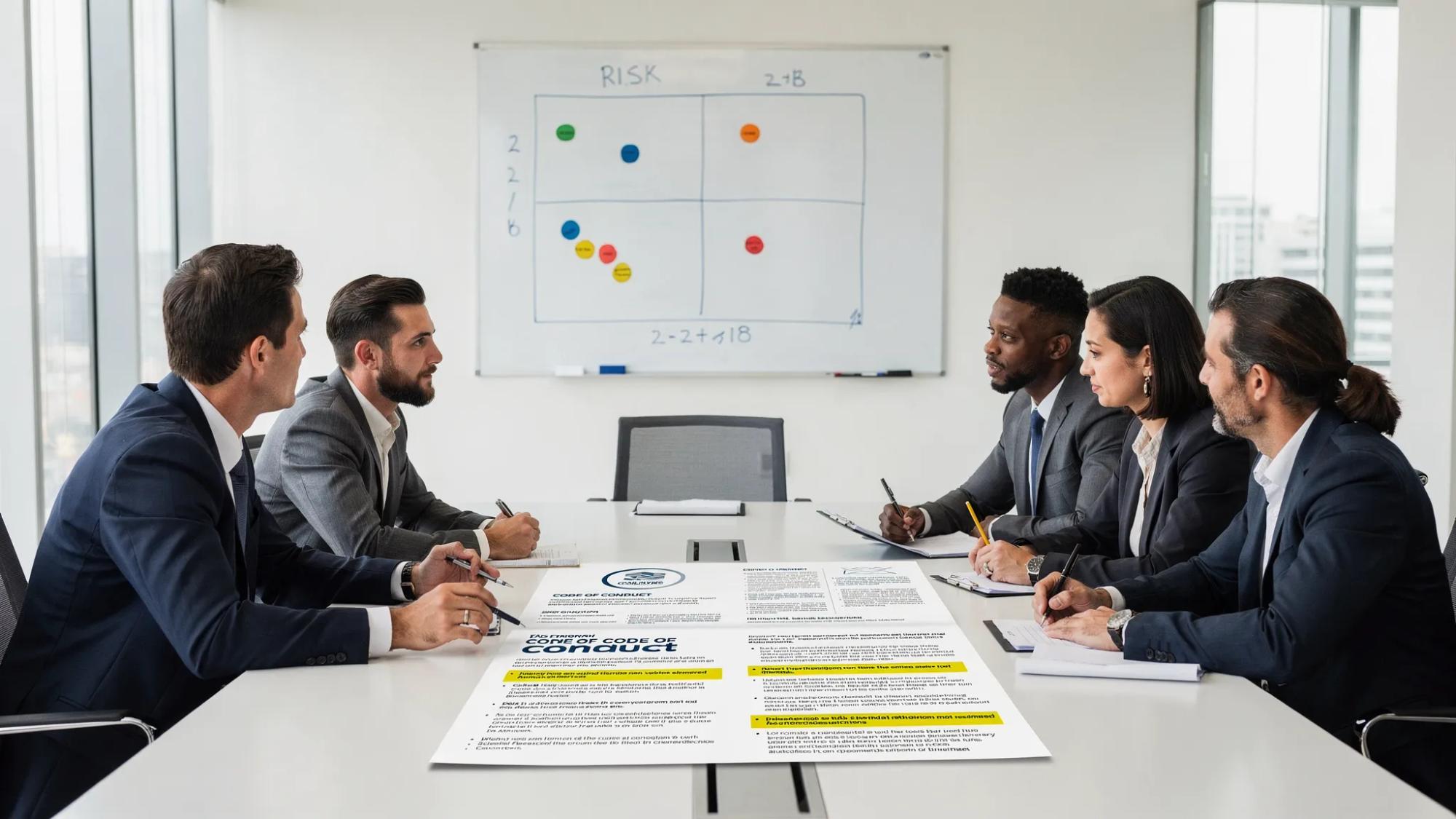 A compliance and legal team in a meeting room discussing a printed code of conduct and a simple risk map on a whiteboard. Everyone is focused on the discussion, no screens are visible.
