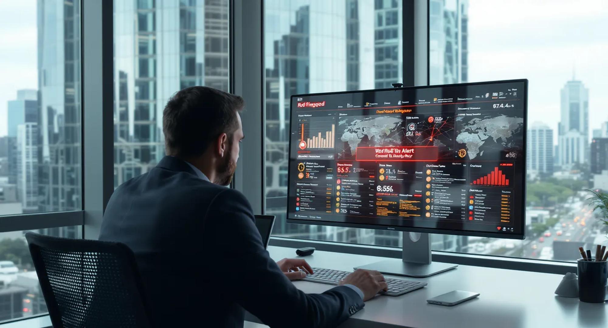 A compliance officer sits at a modern desk where an AI dashboard highlights a red-flagged vendor, while the city skyline through the window suggests urgency and high stakes.