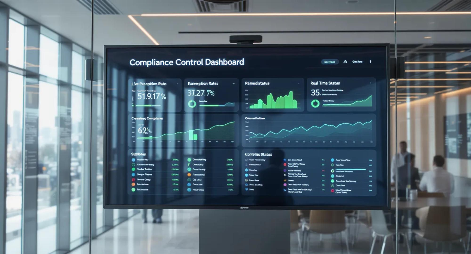 Modern compliance control dashboard displayed on a large screen in a glass-walled meeting room, showing live exception rates and remediation status, symbolising automated continuous monitoring.