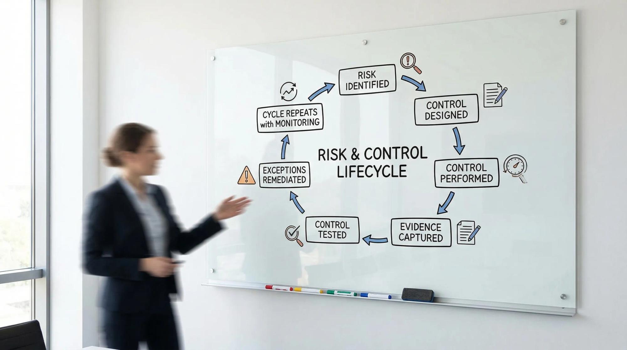 A simple lifecycle diagram showing the flow: risk identified, control designed, control performed, evidence captured, control tested, exceptions remediated, and the cycle repeats with monitoring.