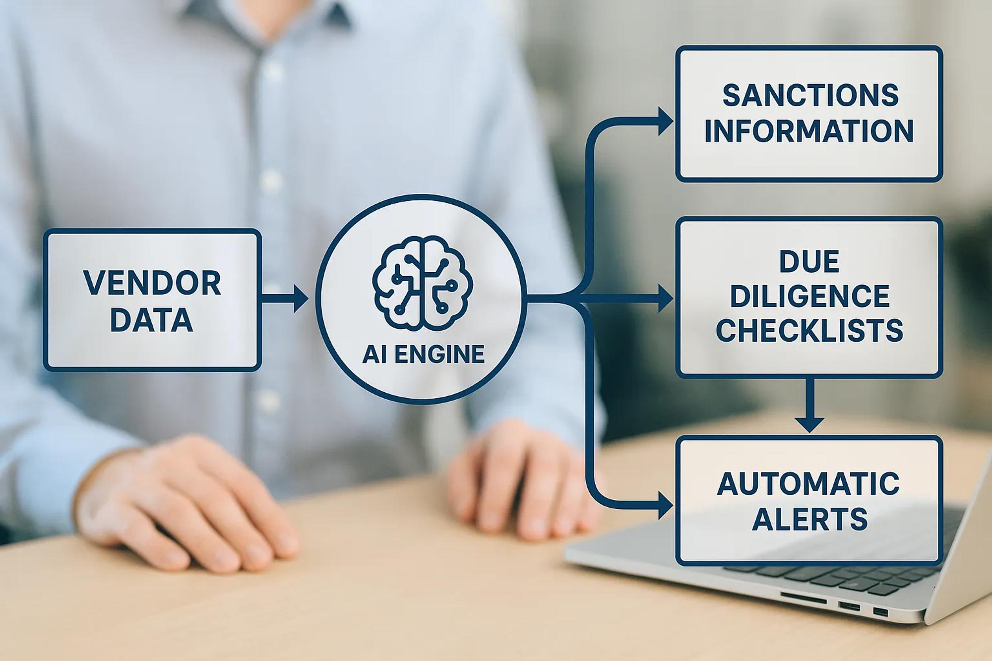 A flow diagram showing vendor data flowing into an AI engine that outputs risk scores, due diligence checklists, and automatic alerts when new sanctions information appears.