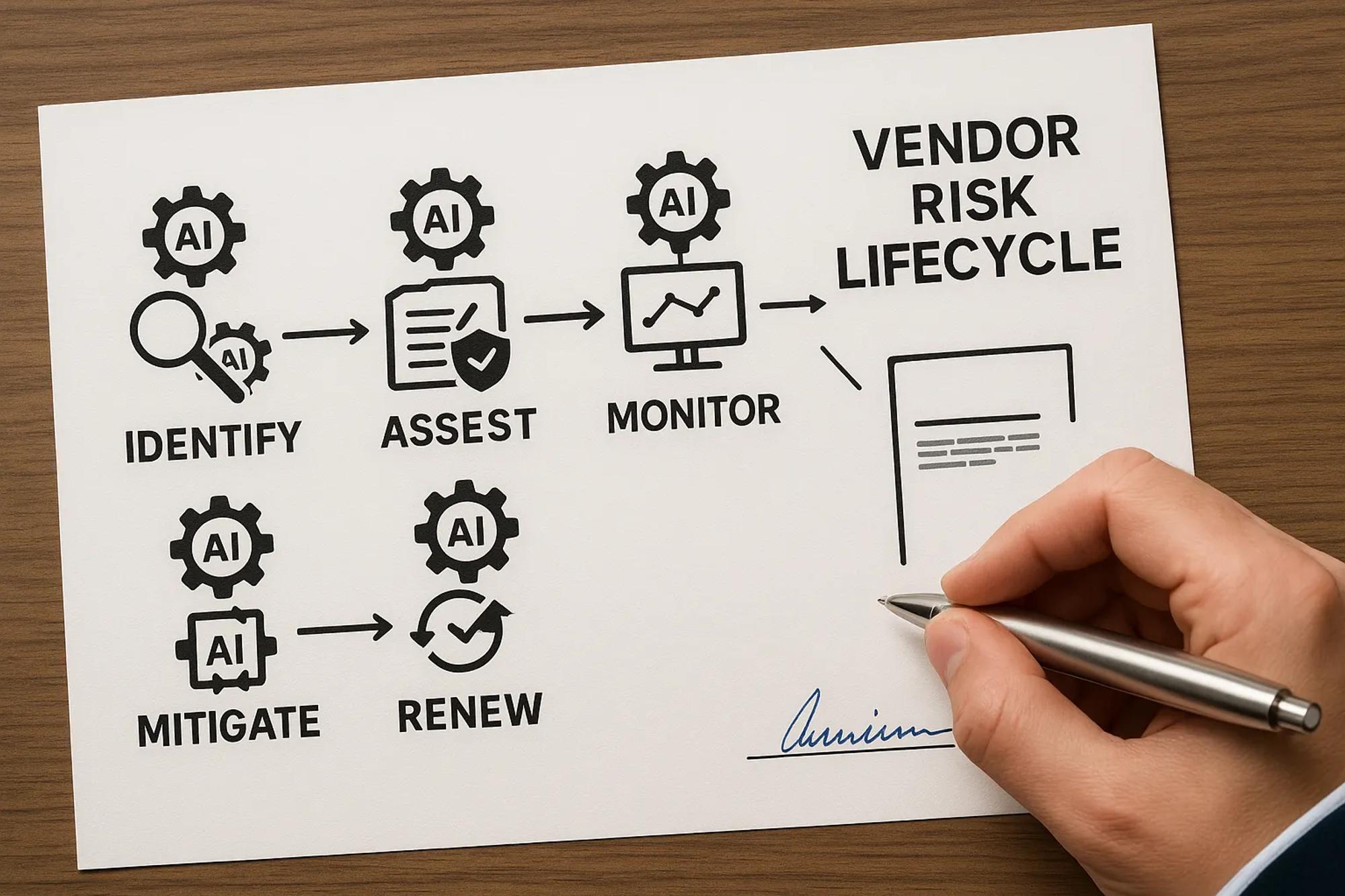 A concise flowchart showing the vendor risk lifecycle: identify → assess → mitigate → monitor → renew, with icons for AI automation at each step and a compliance officer signing off at the end.