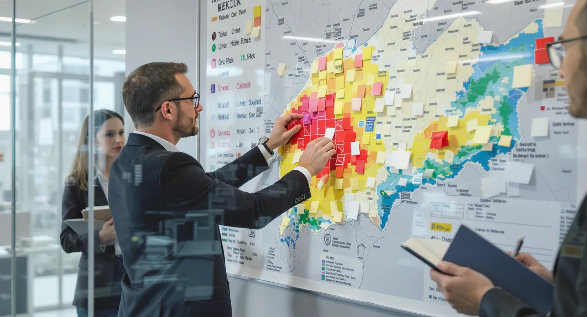 A compliance officer placing magnet tiles on a large wall-mounted heat map, with red, yellow and green zones clearly visible, while two colleagues observe and take notes.