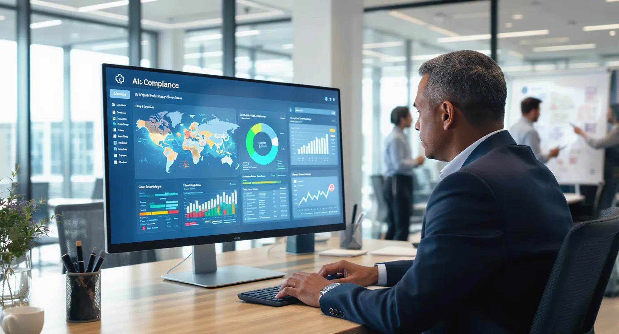 Compliance officer reviews an AI generated dashboard displaying risk heat maps and cost savings projections, while colleagues discuss policy updates in a bright modern office.