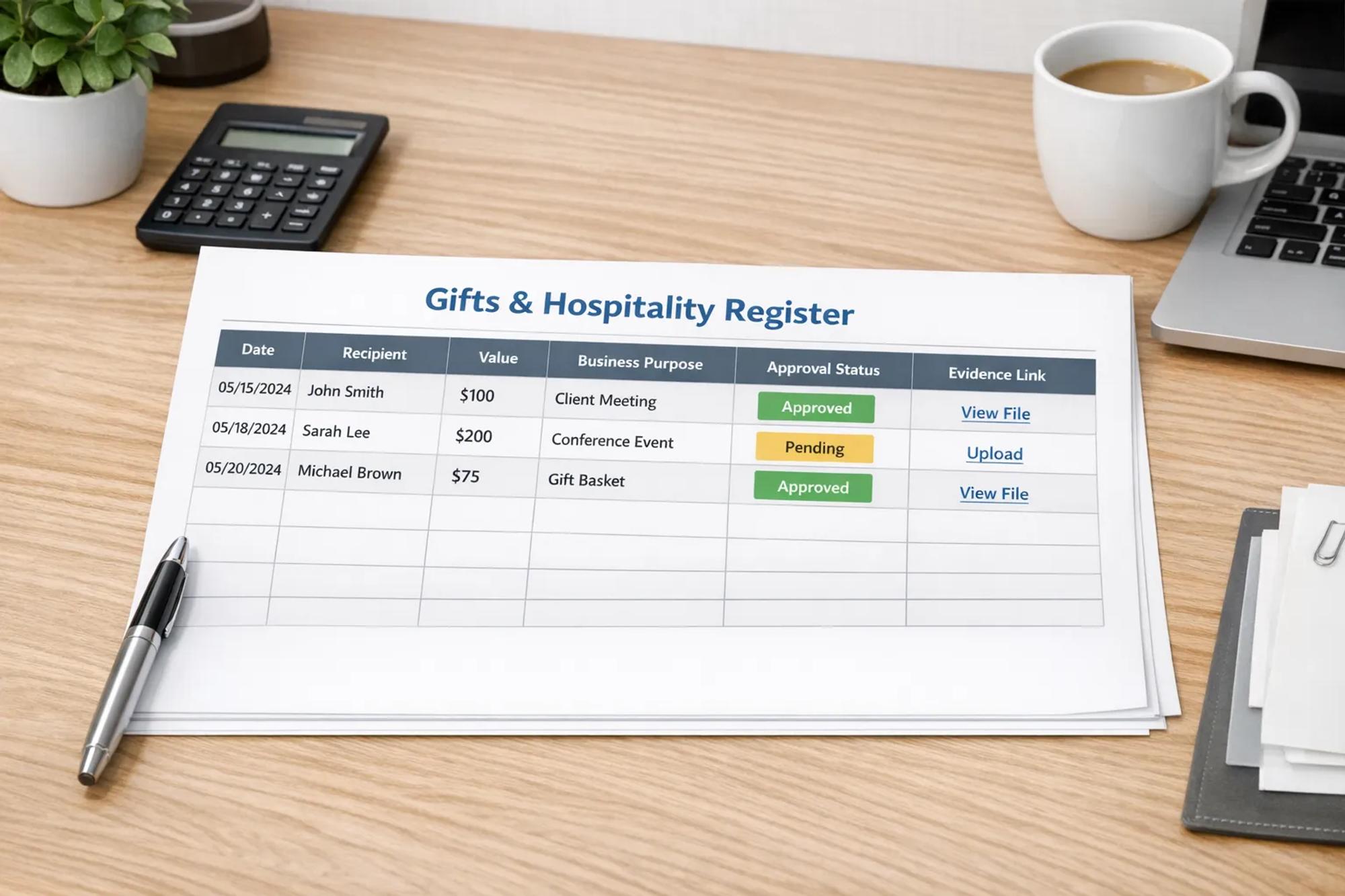 A compliance-friendly gifts and hospitality register concept shown as a simple table with columns like date, recipient, value, business purpose, approval status, and evidence link, presented in a clean office setting.