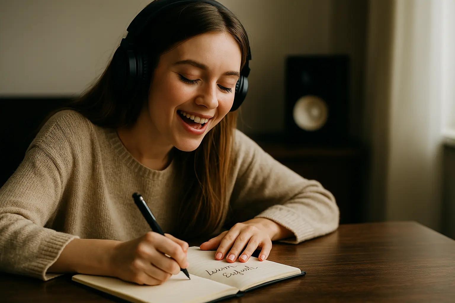garota aprendendo a escrever ingles com música
