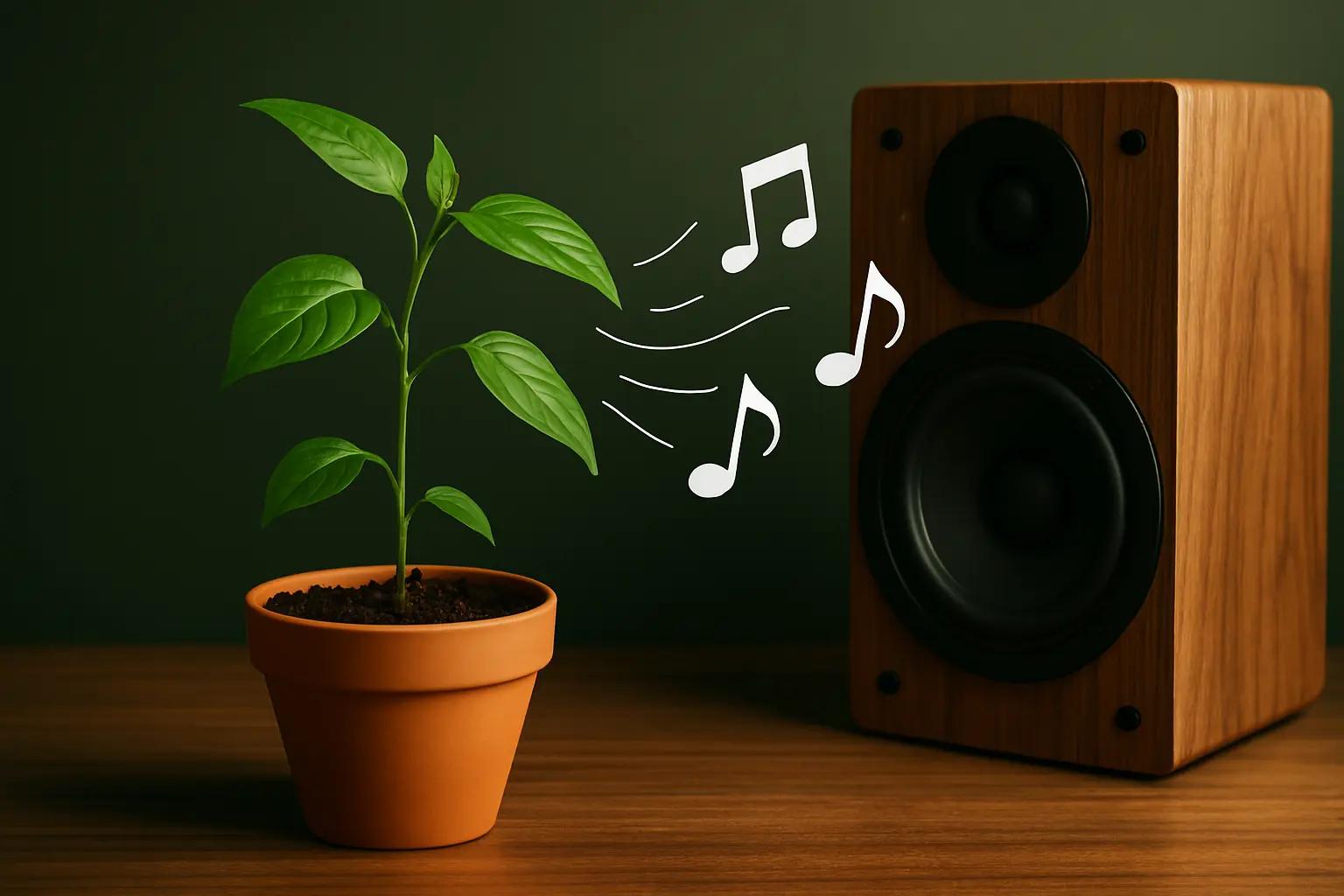 Planta verde crescendo em direção a uma fonte sonora tocando música clássica