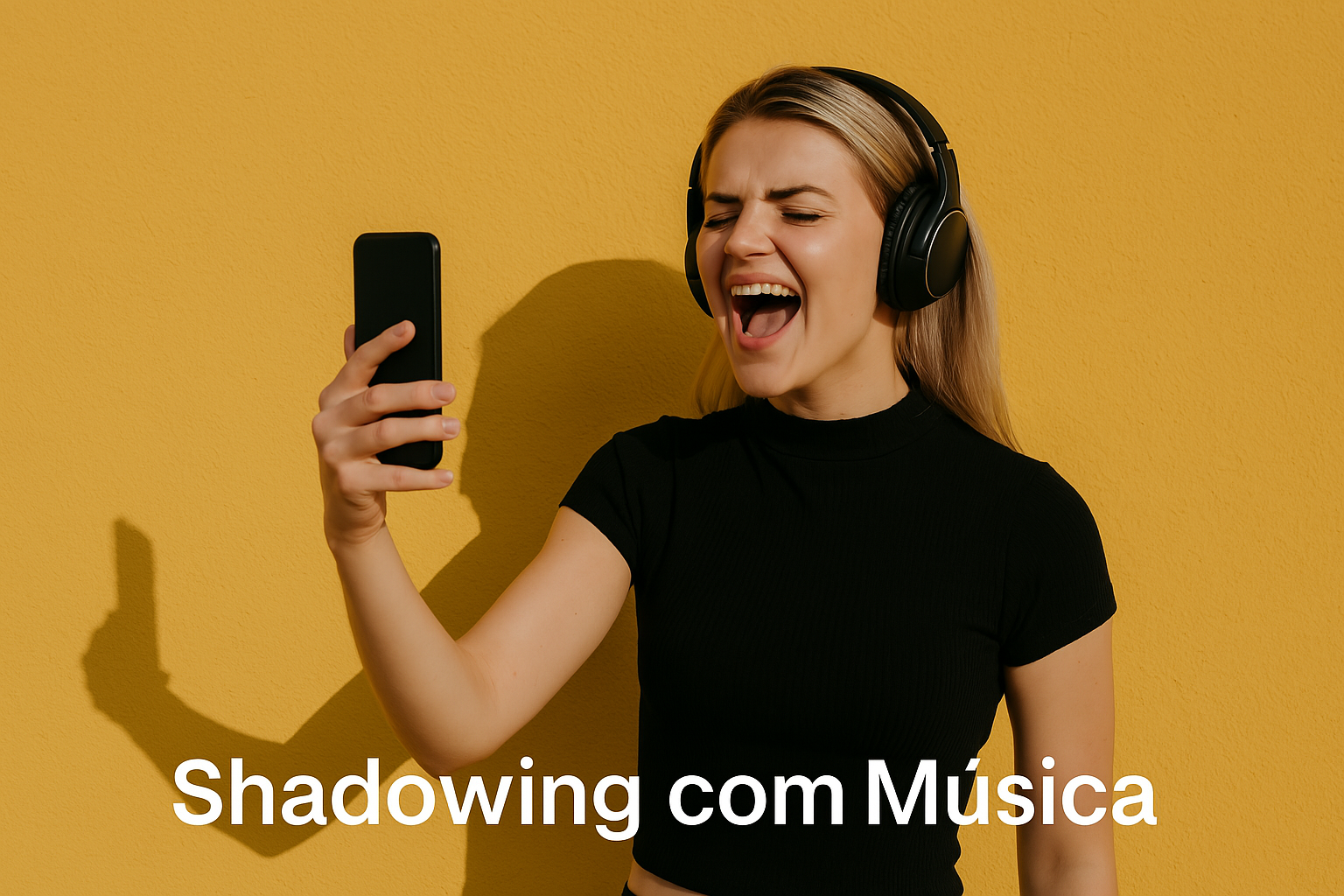 Menina usando shadowing com música para aprender inglês