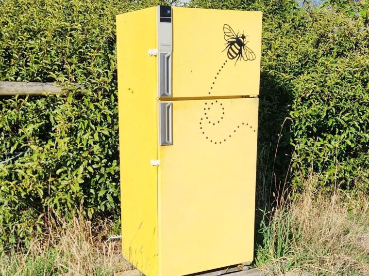 The bright yellow self-serve honesty fridge, painted with a bee, at the Little Yellow Fridge stall near Burnie in northern Tasmania