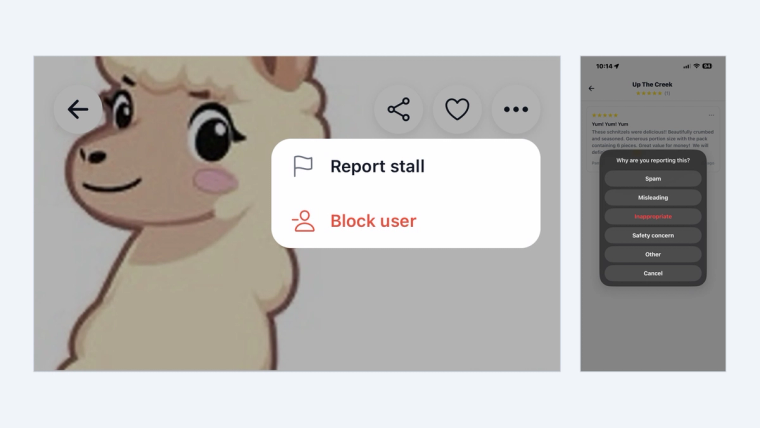 Left: a stall page with the three-dot menu open, showing Report stall and Block user. Right: a report-reason sheet listing Spam, Misleading, Inappropriate, Safety concern and Other.